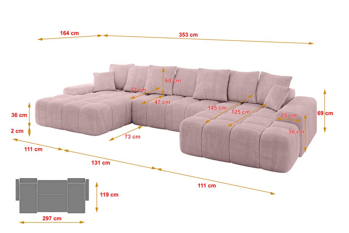WOHNLANDSCHAFT ENSI-U - 353x164x69 cm Rosa - Rosa, Holzwerkstoff/Kunststoff (357/69/164cm) - ALTDECOR