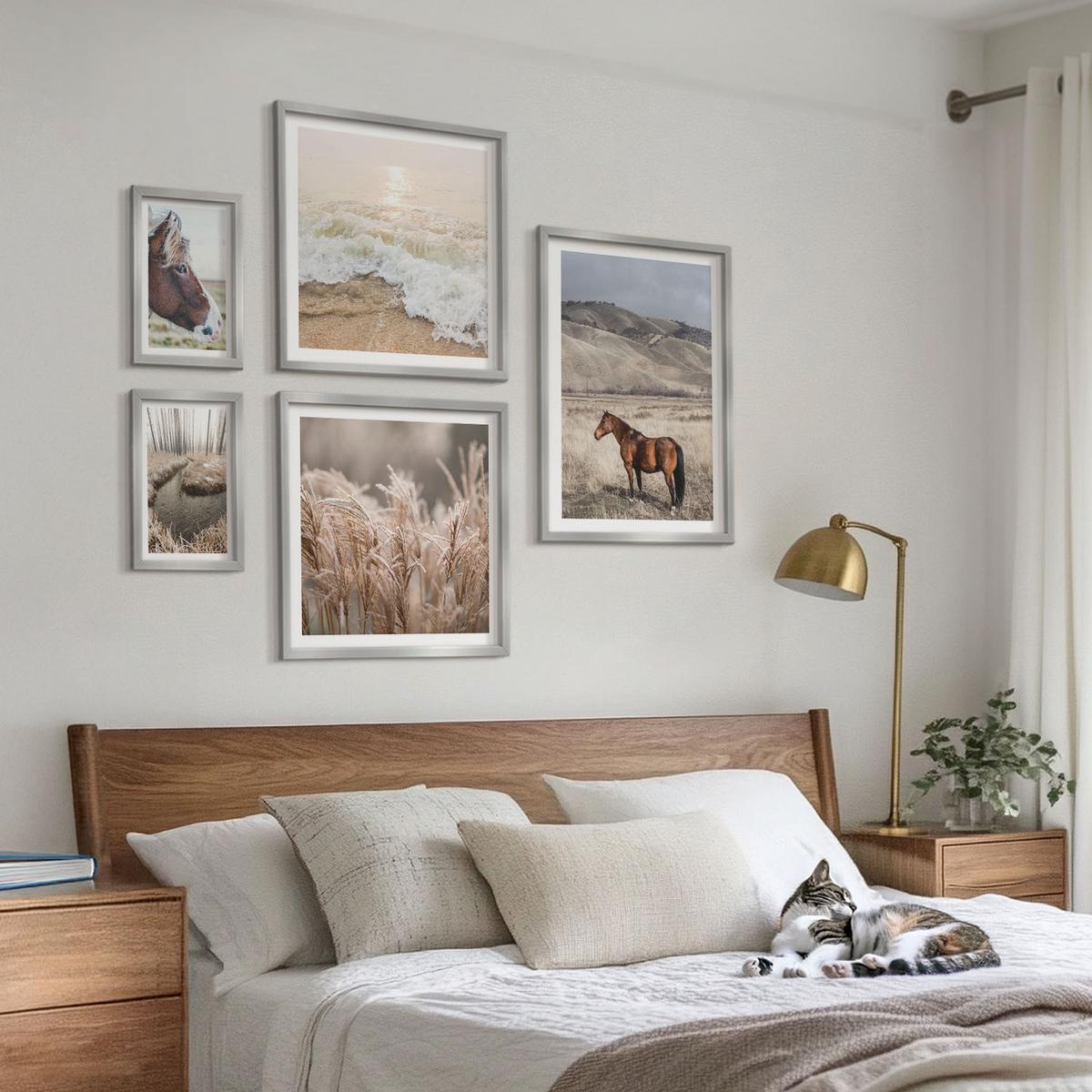 BILDER SET 5er Set - 50x50 cm & 20x30 cm & 40x60 cm Silberner Rahmen - Pferdelandschaft Seegraswald - Silberfarben, Kunststoff (40/60cm) - TULUP
