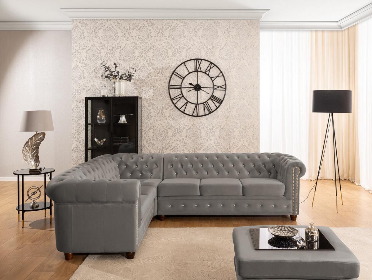 HOCKER Chesterfield Cleo Blink Grau Samt mit Kristallsteppung und braunen Massivholzfüßen - Braun/Grau, Holz/Textil (75/45/70cm) - S-Style Möbel