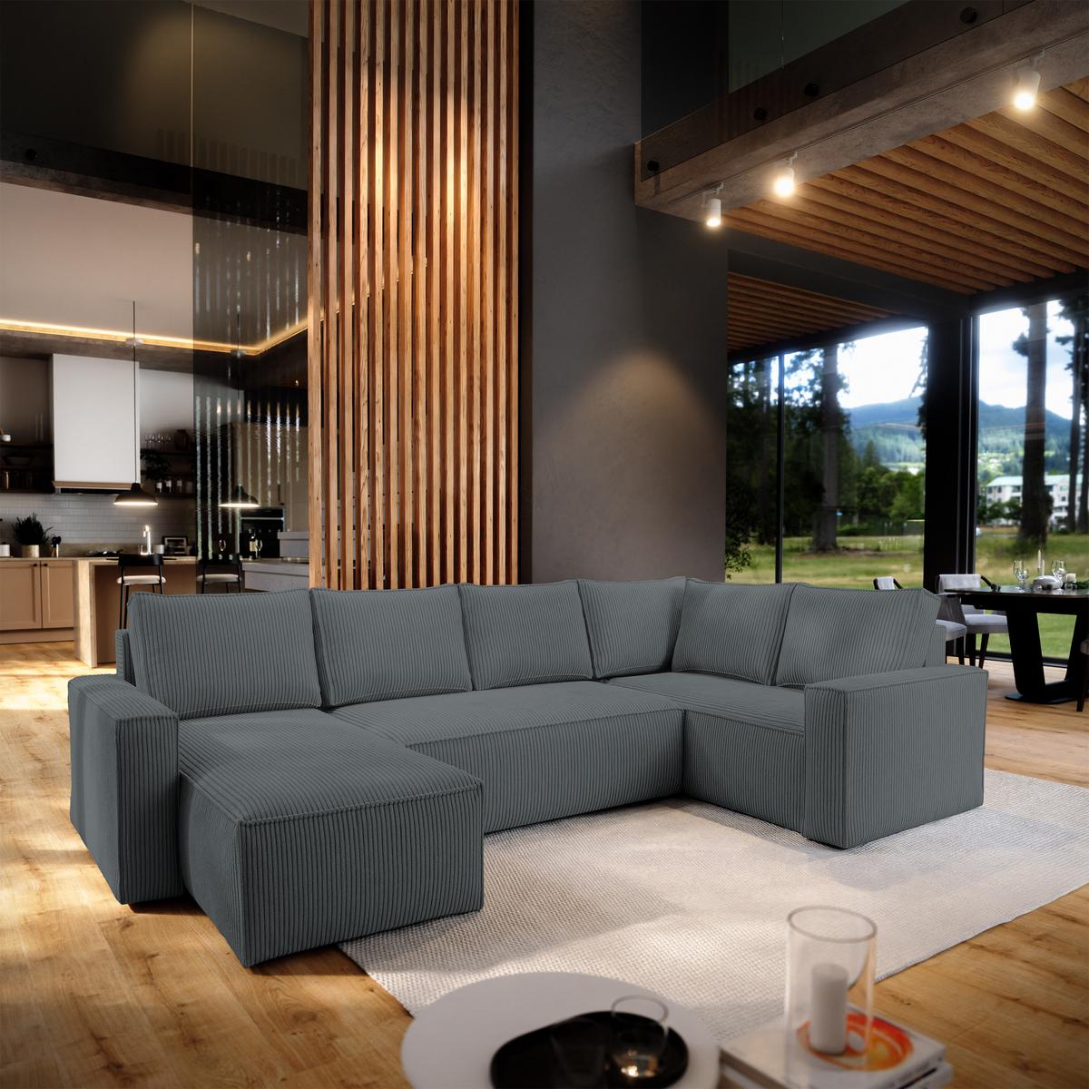 WOHNLANDSCHAFT NORENA R-S Grau Kordstoff mit Schlaffunktion - Grau, Holz (295/85/157.5cm) - MASSENO