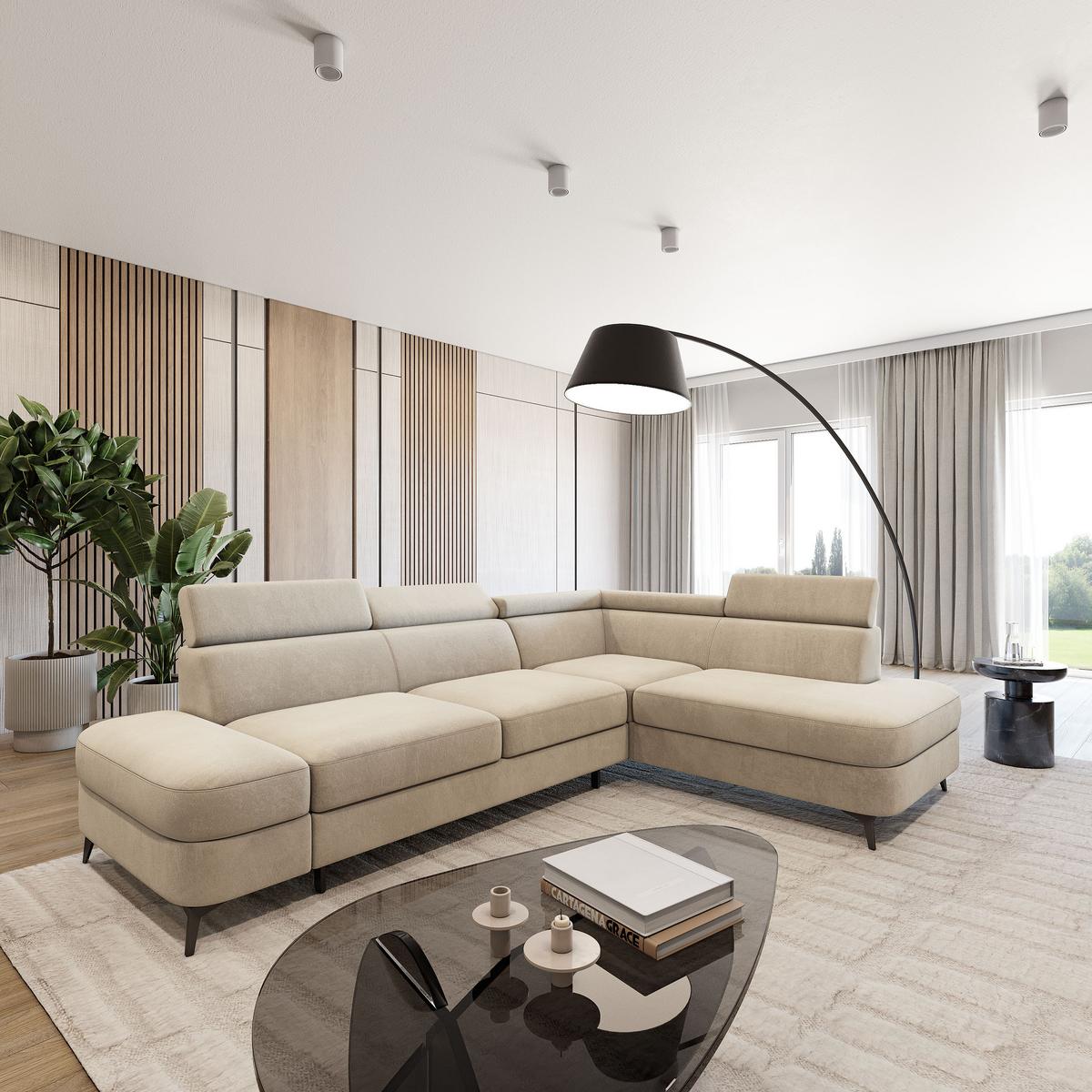 ECKSOFA AVISE MV R-S Creme Velours-Stoff mit Schlaffunktion - Creme, Holzwerkstoff/Textil (268/195cm) - MASSENO