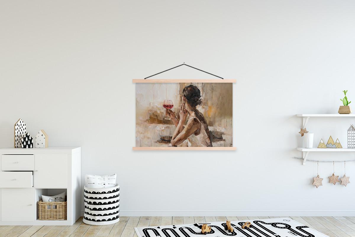 POSTER MIT MAGNETLEISTEN Ölgemälde - Frau - Wein Magnetleiste 120x80 cm - Hellbraun, Textil (120/80/0.15cm) - MuchoWow