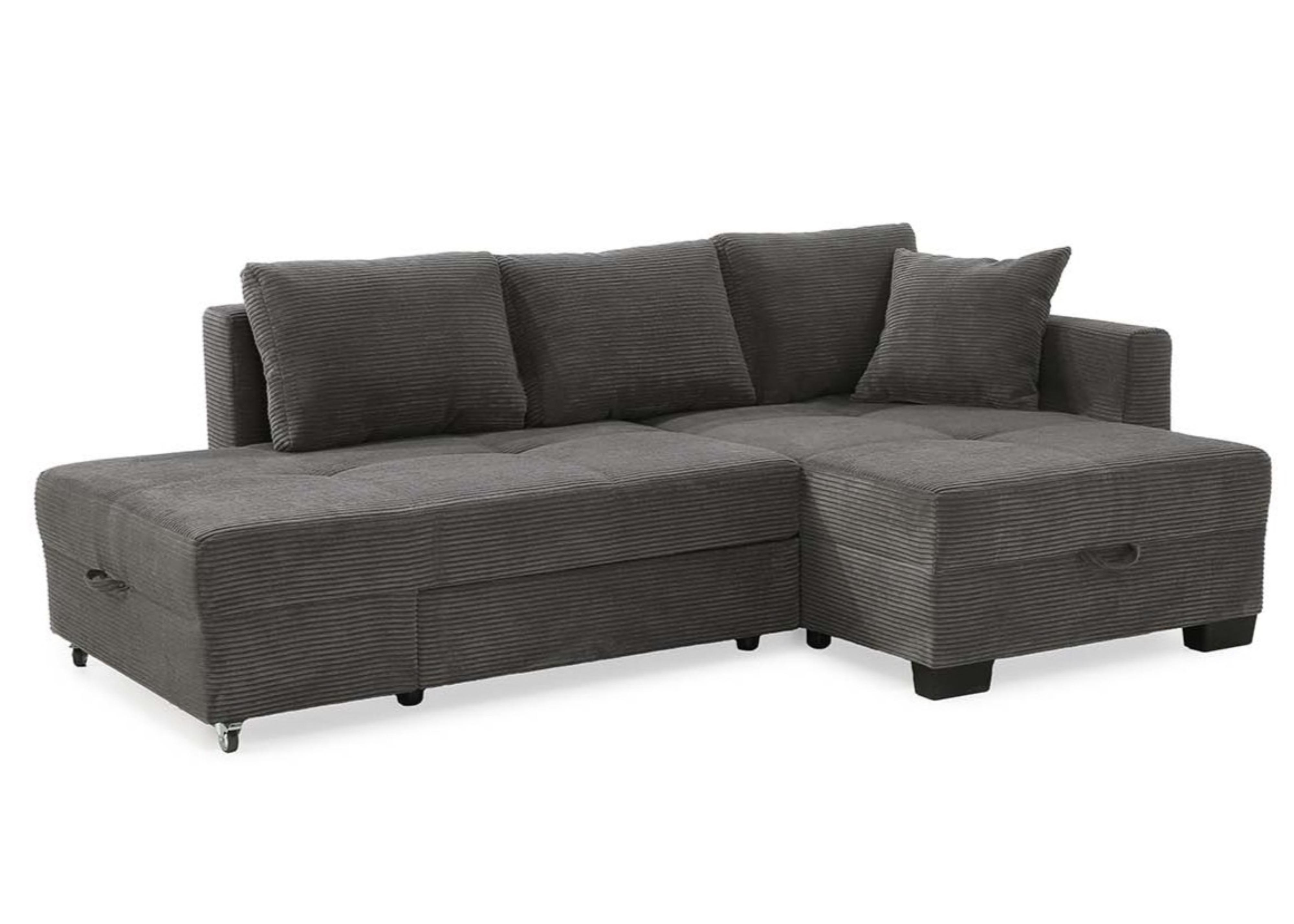 ECKSOFA Doppelbett mit Bettkasten, seitenverkehrt montierbar B247/T155/H87 cm, Liegefläche 183x207 cm, Cord Dunkelgrau / 15214 - Dunkelgrau/Schwarz, Kunststoff/Textil (247/155cm) - luma-home