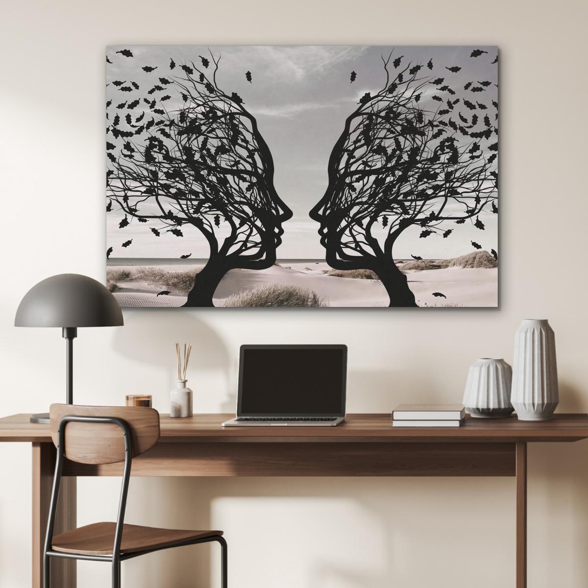 AKUSTIKBILD Strand - Meer - Menschen - Baum - Moderne Kunst Wandbild Wohnzimmer 100x70 cm - Hellgrau, Kunststoff (100/70/0.9cm) - MuchoWow