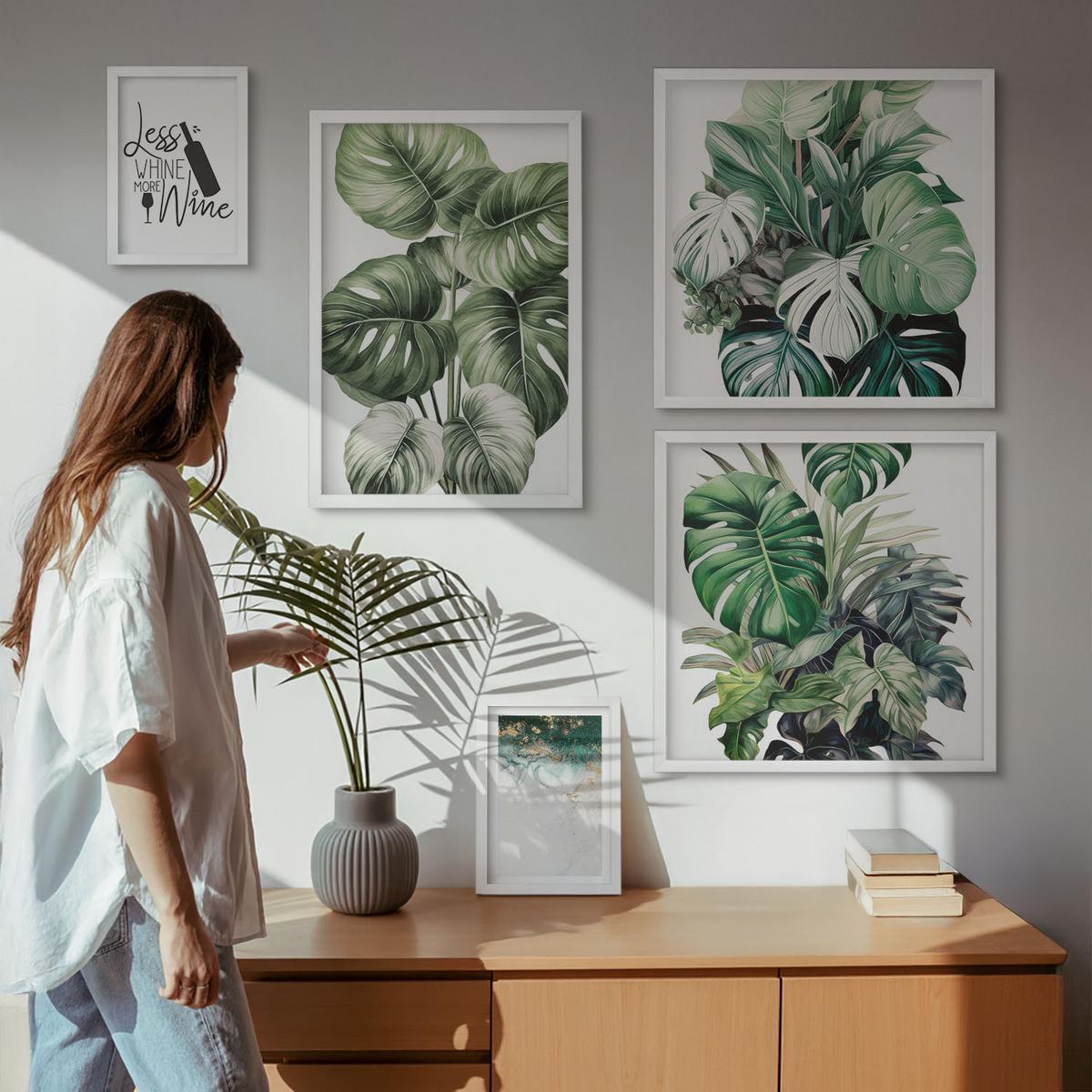 BILDER SET 5er Set - 50x50 cm & 20x30 cm & 40x60 cm Weißer Rahmen - Grüne Weinblätter - Weiß, Kunststoff (40/60cm) - TULUP