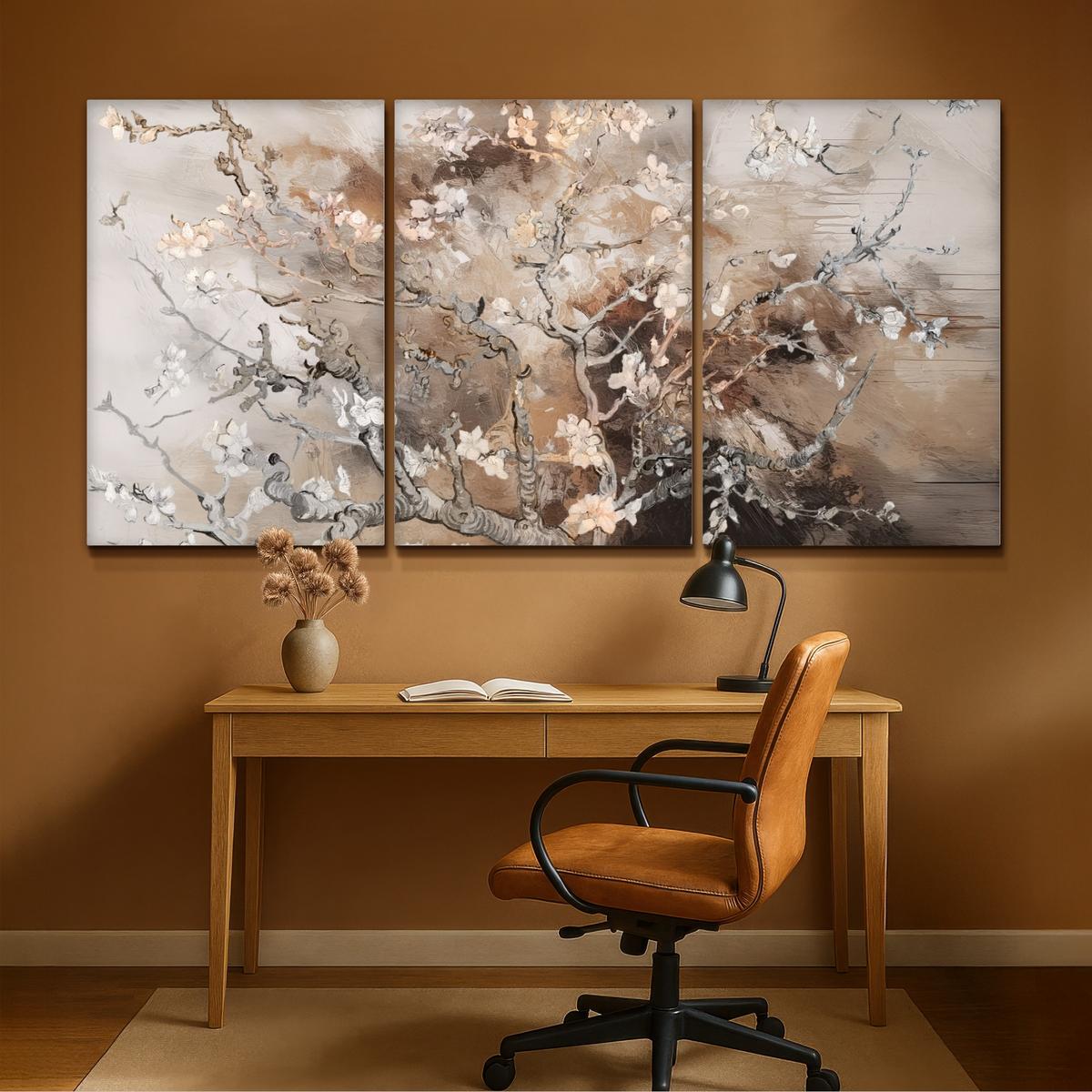 LEINWANDBILD 3er Set Mandelblüte - Abstrakt - Beige 240x120 cm - Beige, Textil (240/120cm) - MuchoWow