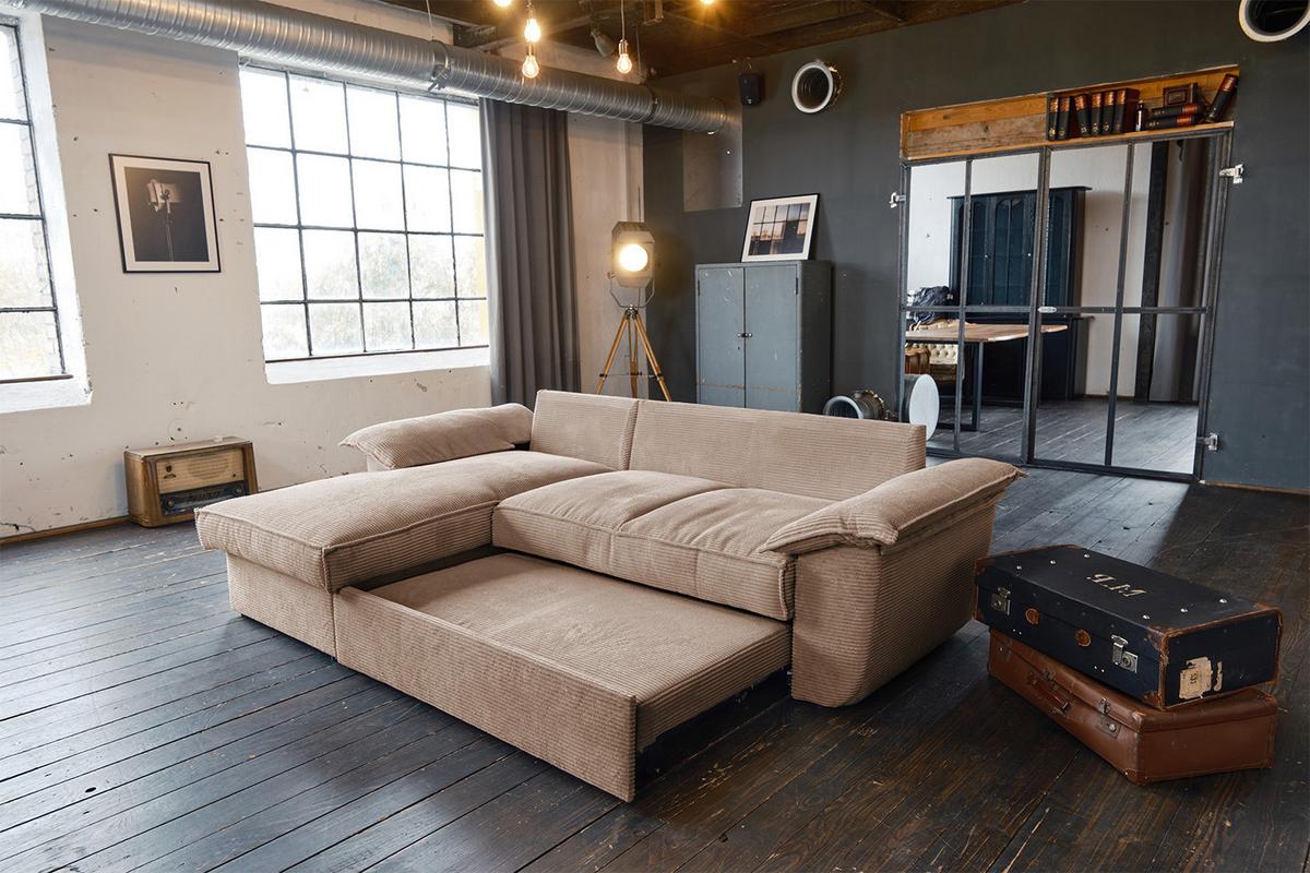 ECKSOFA DAMETO Braun Cord Mit Schlaffunktion - Schwarz/Braun, Kunststoff/Textil (266/174cm) - KAWOLA