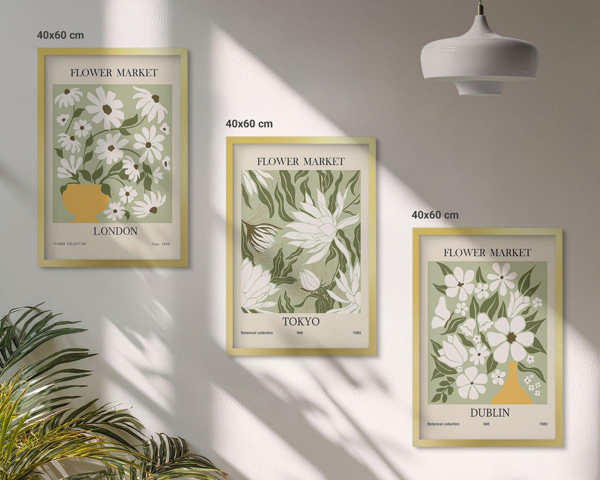 BILDER SET 3er Set - 40x60 cm Goldrahmen - Blumenmuster London Tokio Dublin - Goldfarben, Kunststoff (40/60cm) - TULUP