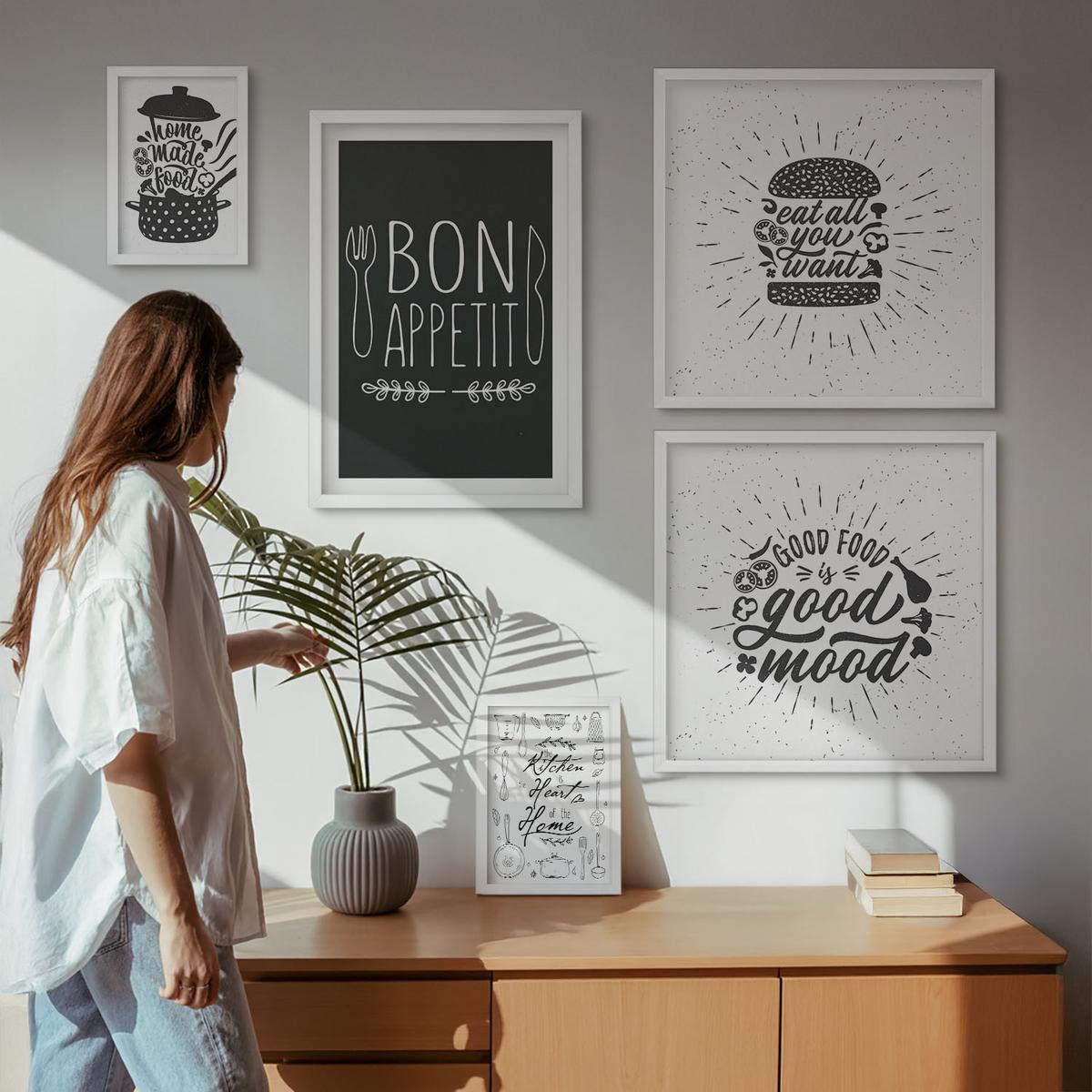 BILDER SET 5er Set - 50x50 cm & 20x30 cm & 40x60 cm Weißer Rahmen - Grafiken, Lebensmittel, kulinarische Slogans - Weiß, Kunststoff (40/60cm) - TULUP