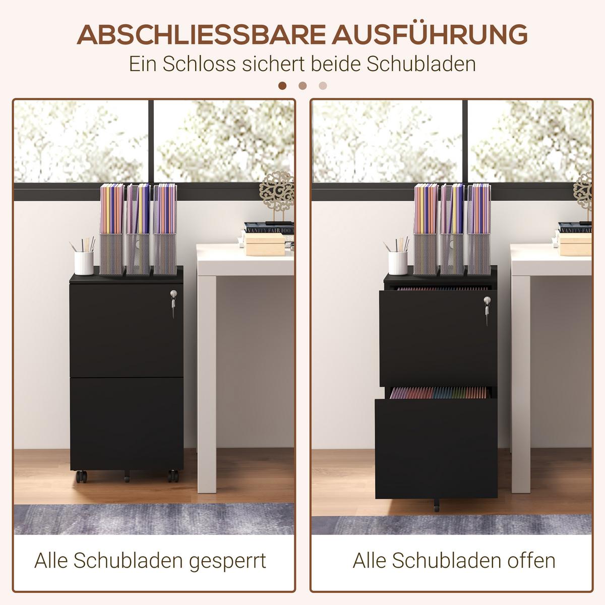 AKTENSCHRANK mit 2 Schubladen, Rollen, für A4 Akten, Dokumente, Stahl, Schwarz - Schwarz, Metall (43.5/67.5/37cm) - Vinsetto