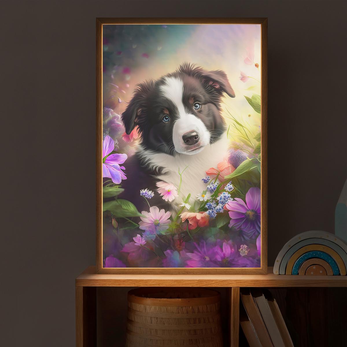 WANDLEUCHTE MIT AKKU Welpe - Sonne - Blumen - Natur - Border Collie - Hund 40x60 cm - Violett, Holzwerkstoff (40/60/8cm) - OnlyWow