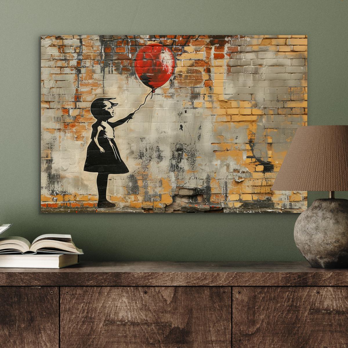 METALLBILD Graffiti - Banksy - Mädchen - Straßenkunst Wandbild 60x40 cm - Sandfarben, Metall (60/40cm) - MuchoWow