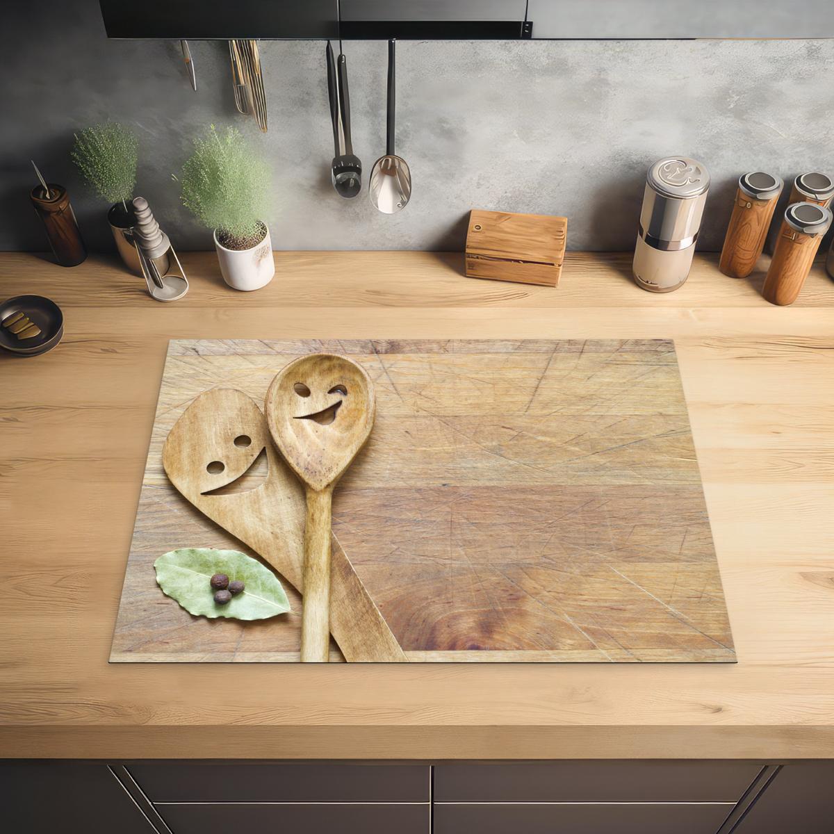 HERDABDECKPLATTE Holz - Löffel - Braun - Smiley Induktionsmatte 71x52 cm - Hellbraun, Kunststoff (71/52/0.2cm) - MuchoWow