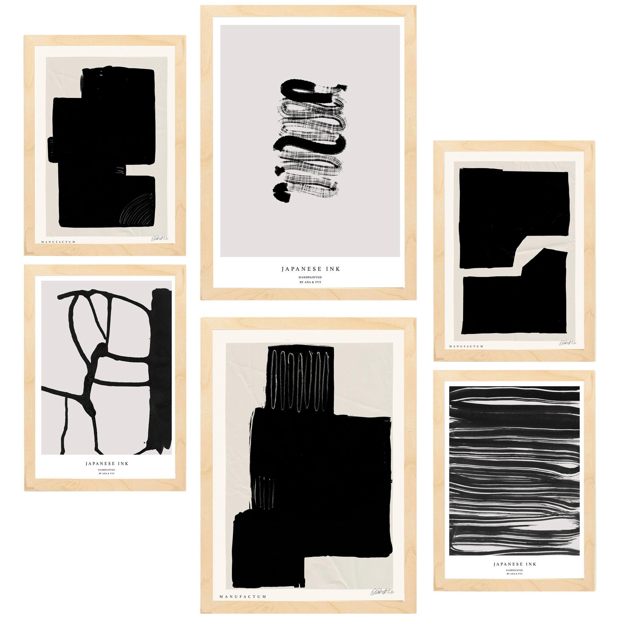 POSTER Set Mit 6 Japanische Tuschekunst Schwarzweiß A3 & A4 Rahmen Aus Hellem Holz - Beige, Papier (29/3cm) - Nacnic