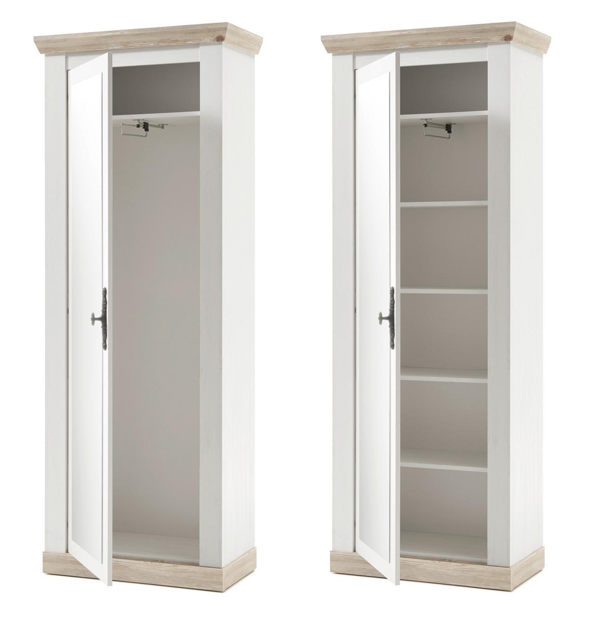 GARDEROBENSCHRANK Pinie weiß, Oslo Pinie Landhaus, Garderobe oder großer Schuhschrank mit Spiegel, 73 x 201 cm - Hellbraun/Anthrazit, Holzwerkstoff/Metall (73/201/38cm) - Furn.Design