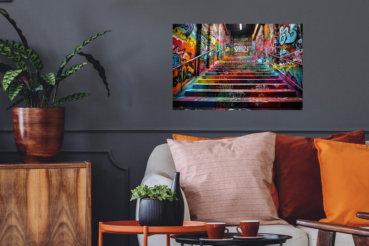 WANDTATTOO Treppe - Graffiti - Farben - Kunst Deko Wohnzimmer 60x40 cm - Multicolor, Kunststoff (60/40/0.1cm) - MuchoWow