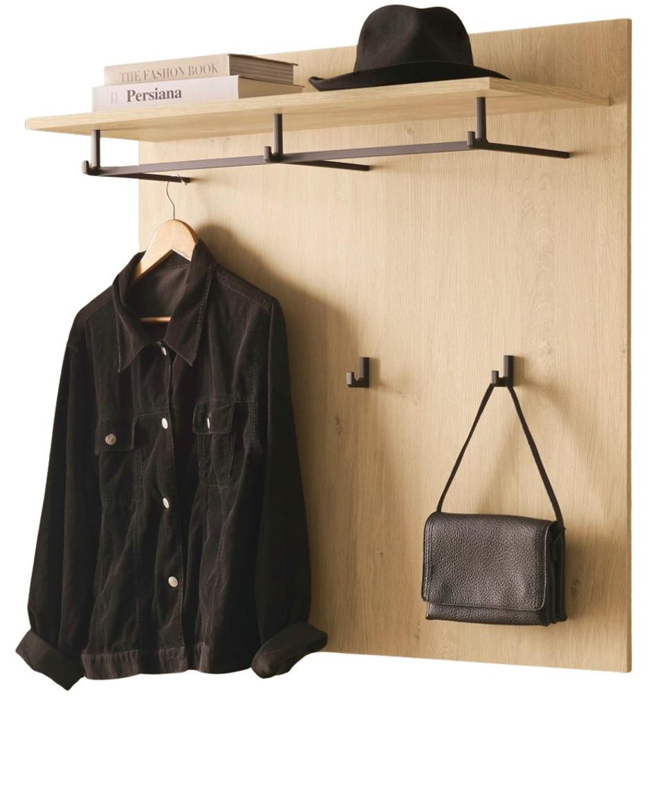 GARDEROBENPANEEL Stone Eiche 90 x 90 cm, Wandgarderobe mit Hutablage - Eichefarben/Schwarz, Holzwerkstoff/Metall (90/90/30cm) - Furn.Design