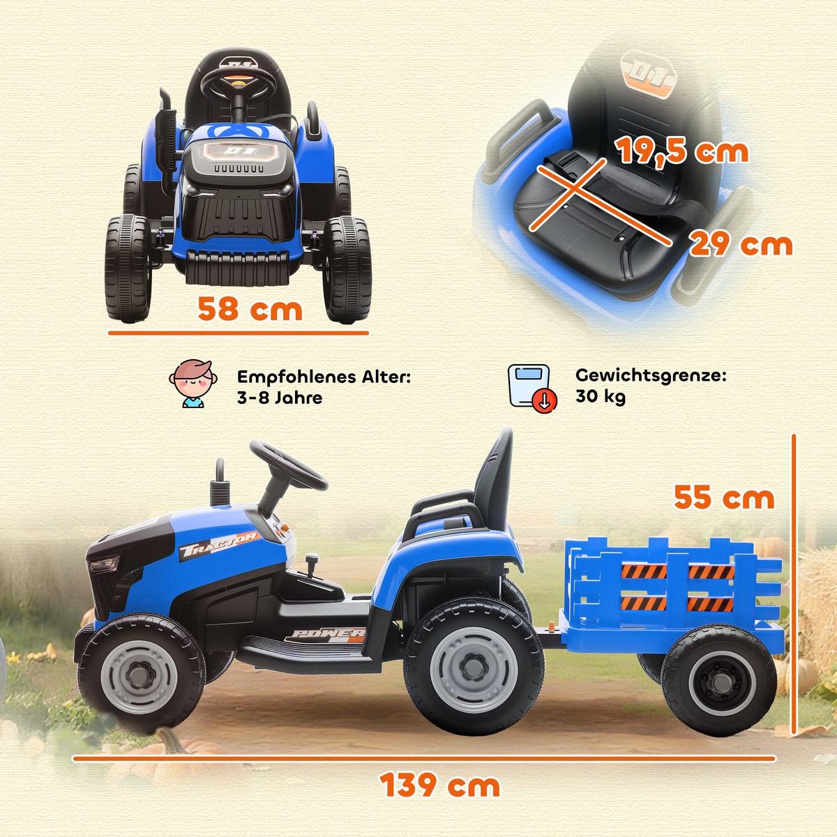 KINDER-ELEKTROTRAKTOR 3-Gang mit Anhänger, 2 Motor, für 3-8 Jahre, Blau - Blau, Metall (139/58/55cm) - AIYAPLAY