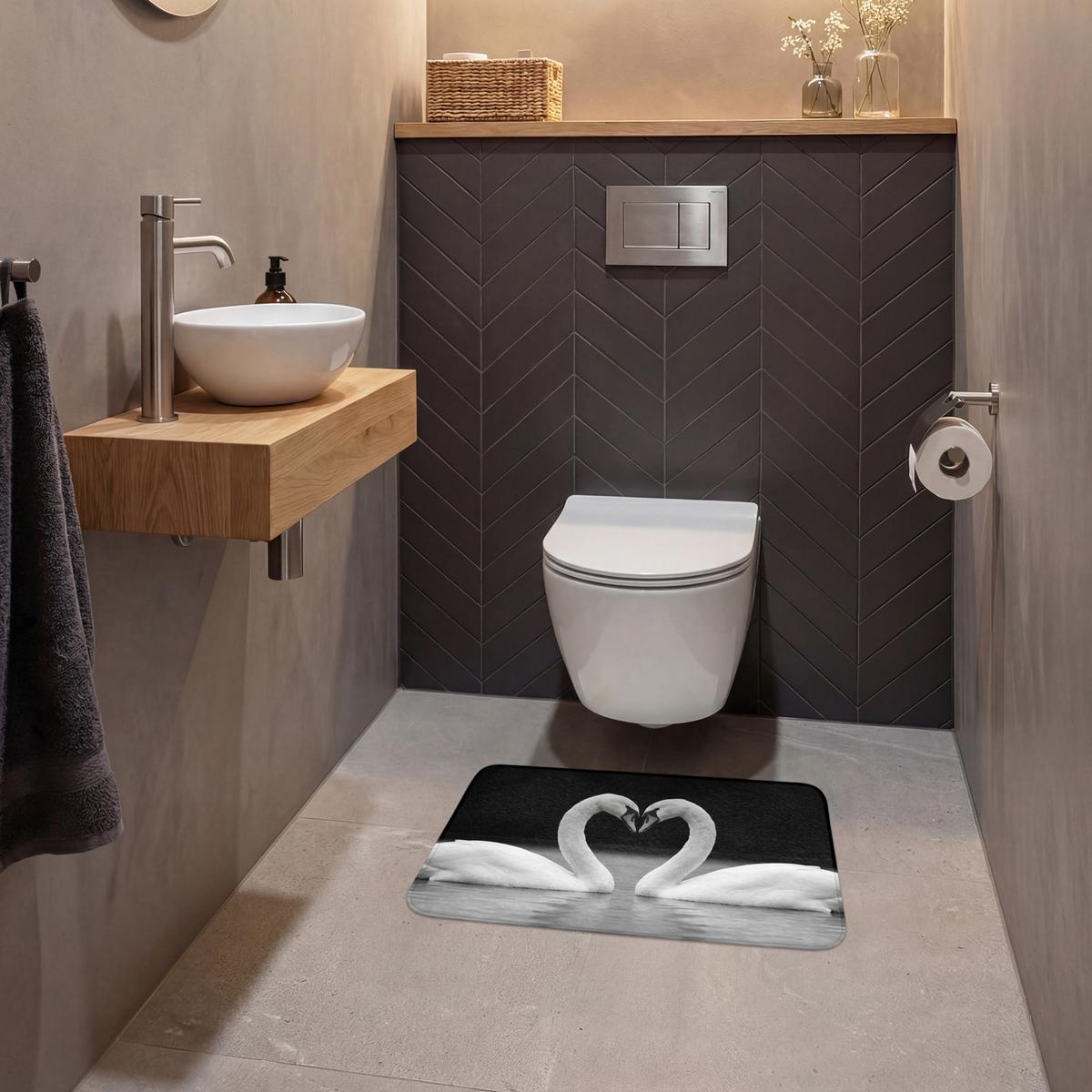 WC-VORLEGER Schwäne - Herz - Schwarz - Weiß Toilettenvorleger 60x40 cm - Schwarz, Textil (60/1cm) - OnlyWow