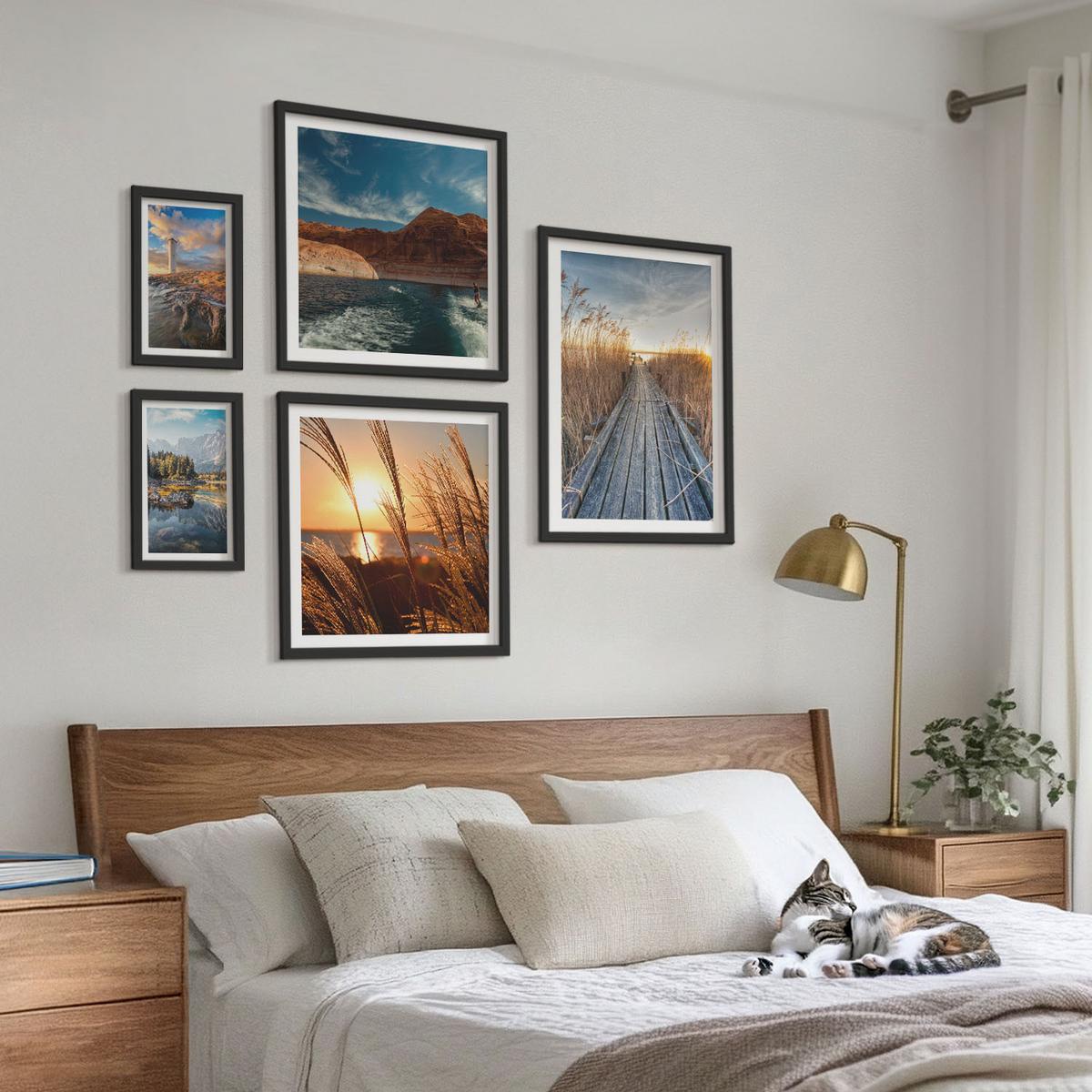 BILDER SET 5er Set - 50x50 cm & 20x30 cm & 40x60 cm Schwarzer Rahmen - Leuchtturm-Grassteg - Schwarz, Kunststoff (40/60cm) - TULUP