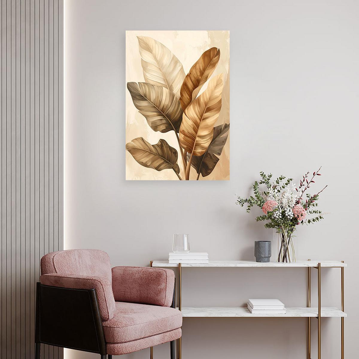 BILD AUF LEINWAND Beige tropische Blätter in einer ruhigen botanischen Komposition 80x120cm - Beige, Textil (80/120cm) - Feeby