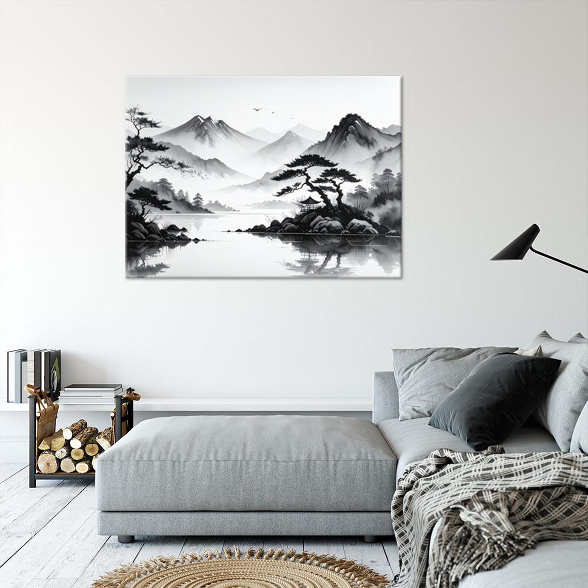 LEINWANDBILD Japanische Landschaft gemalt mit Tinte 100x70cm - Schwarz, Textil (100/70cm) - Feeby