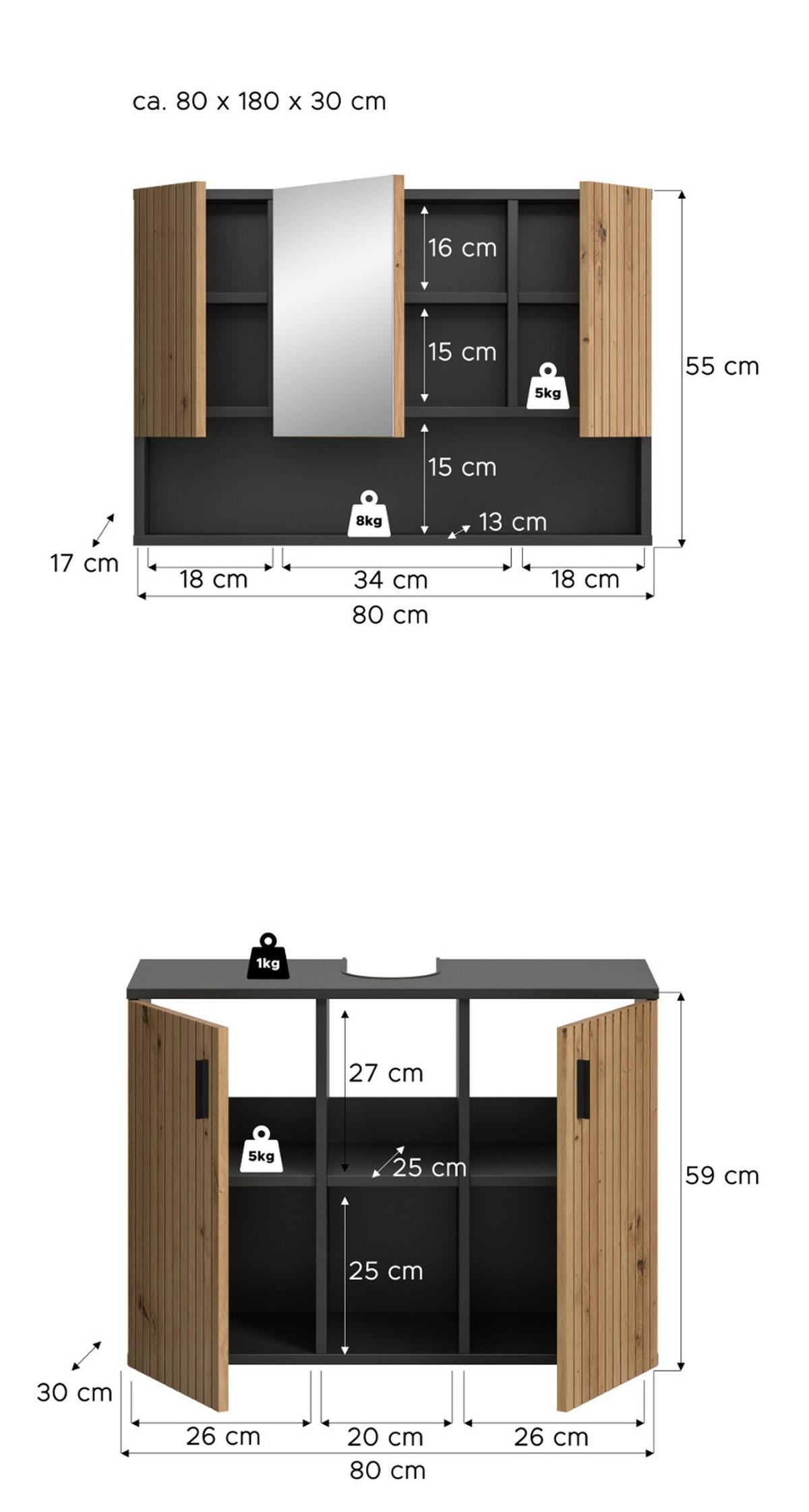 BADMÖBEL-SET Eiche Artisan, grau 2-teilig 80 cm, Badkombination mit Rillen-Optik - Schwarz/Eiche Artisan, Glas/Holzwerkstoff (80/180/30cm) - Inn.Furn