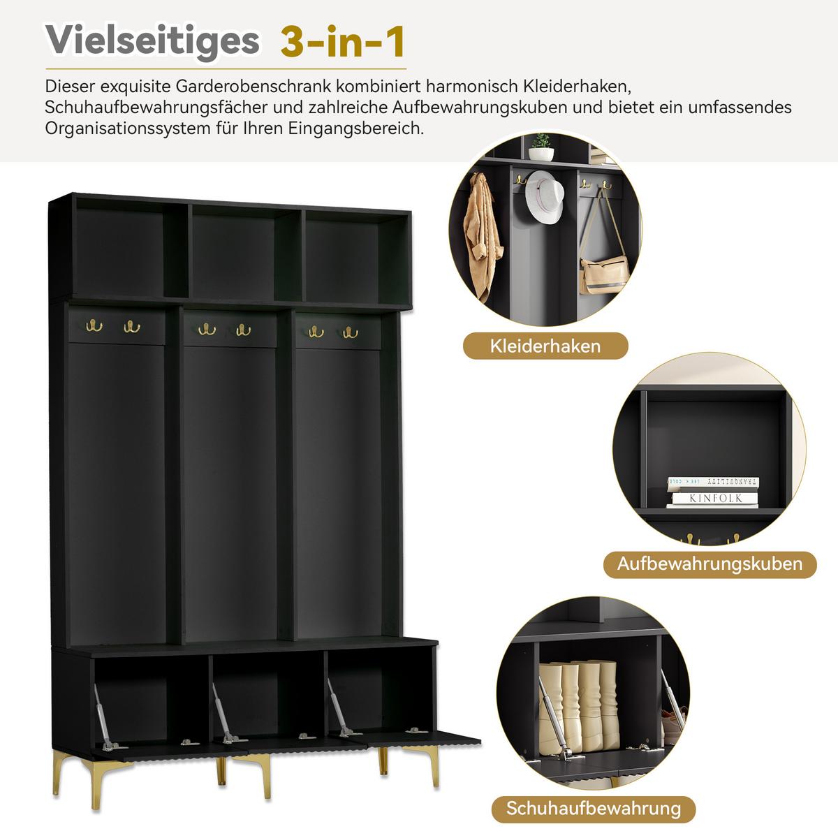 GARDEROBEN schwarz & gold, mit sitzbank und 6 haken - Schwarz, Holzwerkstoff (120/191/40cm) - Urban Meuble