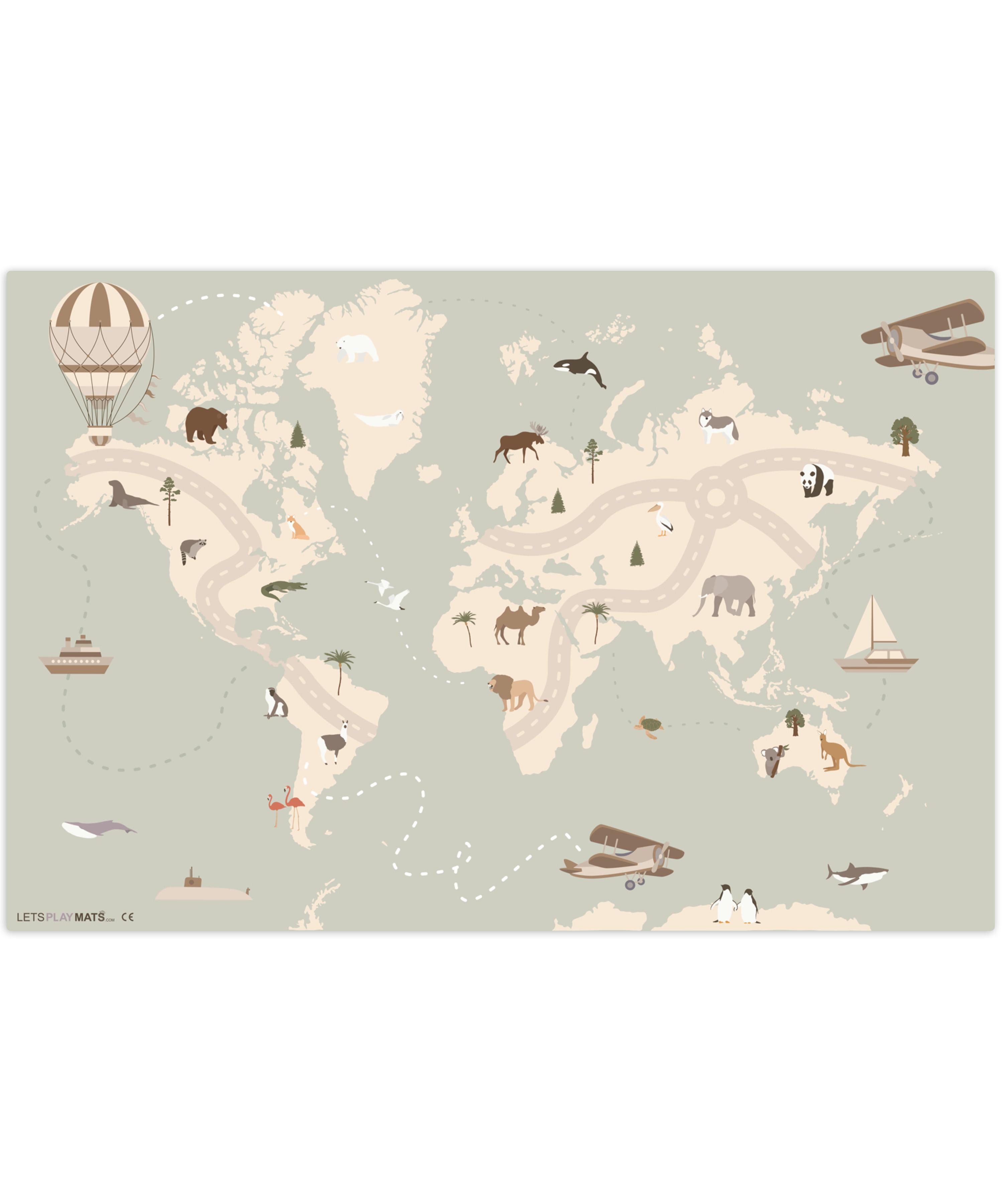 KINDERTEPPICH Weltkarte - Tiere - Flugzeug - Kind - Heißluftballon Spielteppich 180x120 cm - Salbeigrün, Kunststoff (180/0.3cm) - OnlyWow