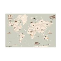 KINDERTEPPICH Weltkarte - Tiere - Flugzeug - Kind - Heißluftballon Spielmatte 135x90 cm - Salbeigrün, Kunststoff (135/0.3cm) - OnlyWow