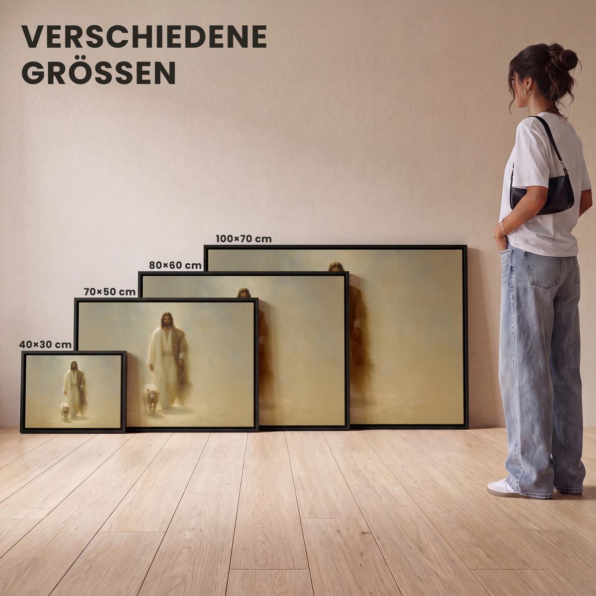 LEINWAND Bilder mit Rahmen - Schaf - Jesus - Pinselstriche - Abstrakt - 40x30 - Beige, Textil (40/30cm) - MuchoWow