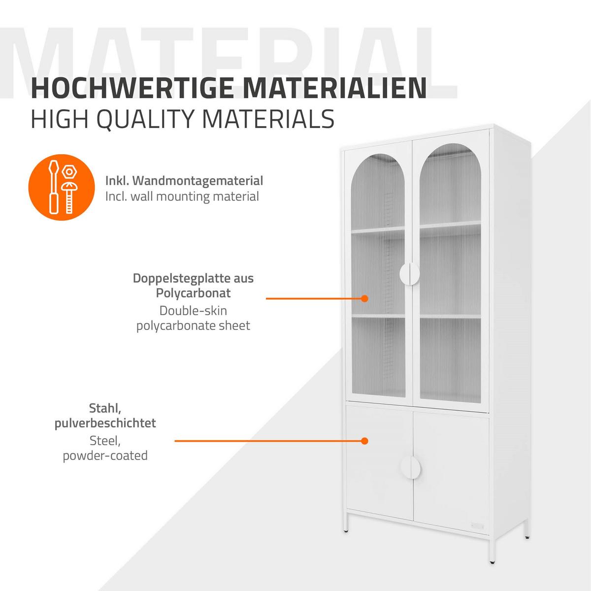VITRINENSCHRANK 80x185x40 cm Weiß aus Stahl mit 4 Türen - Weiß, Metall (80/185/40cm) - ML-DESIGN