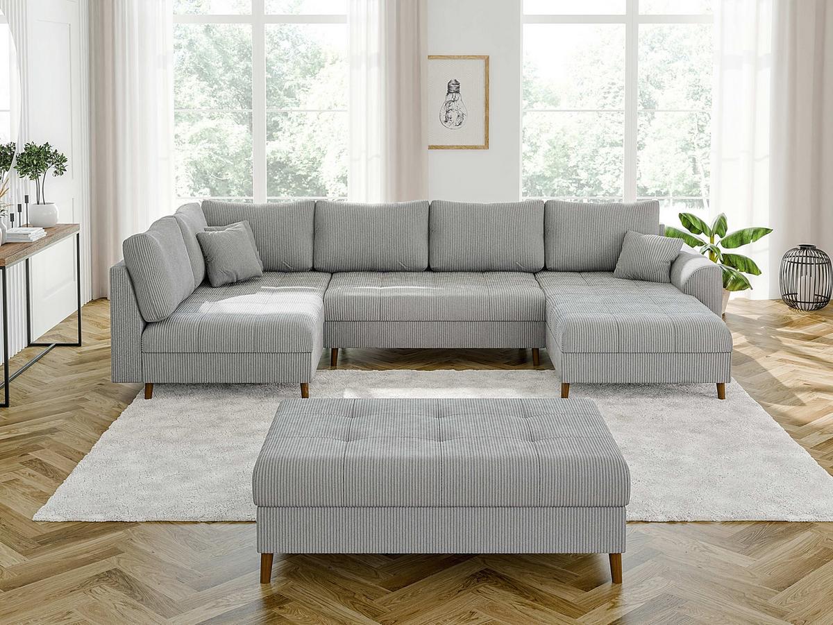 WOHNLANDSCHAFT inkl. Hocker Alma Hellgrau Cord - Hellgrau/Braun, Holz/Textil (310/81/161cm) - S-Style Möbel