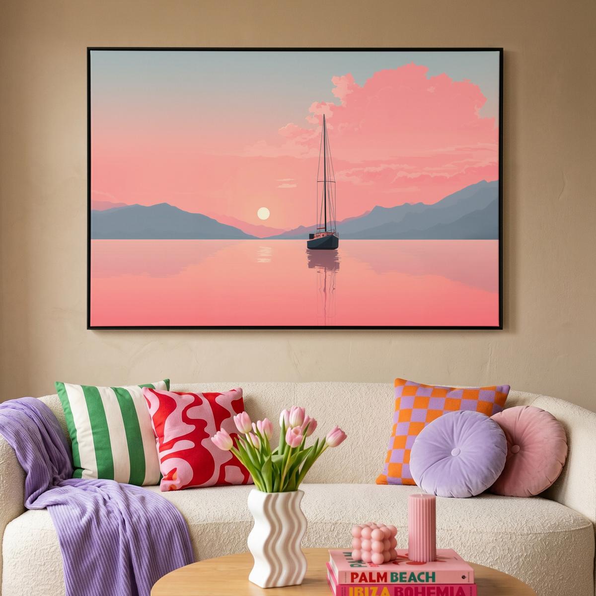 LEINWAND Bilder mit Rahmen - Segelboot - Rosa Meer - Sonnenuntergang - Berge - 140x90 - Rosa, Textil (140/90cm) - MuchoWow