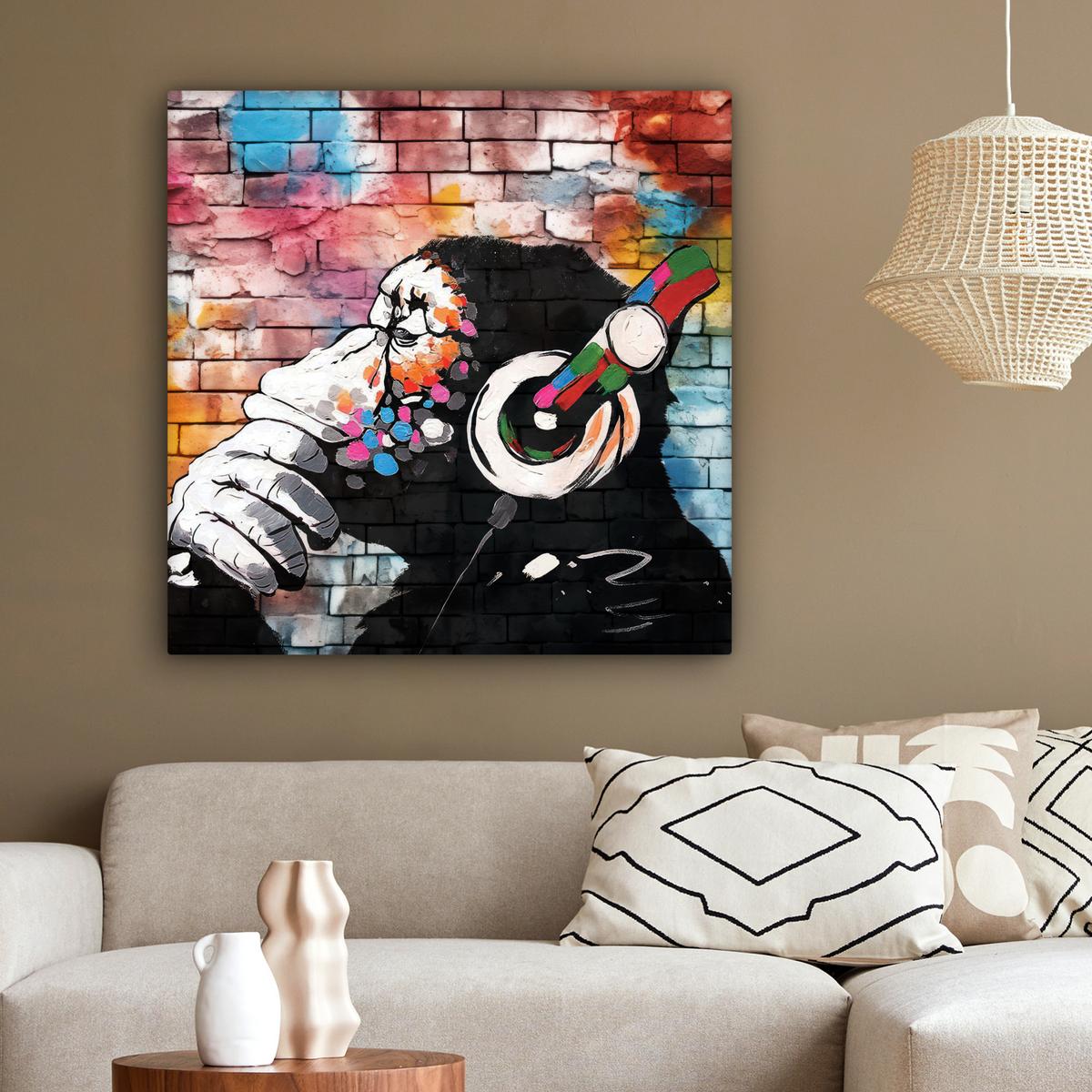 LEINWANDBILD Affe - Graffiti - Musik Deko Groß 90x90 cm - Multicolor, Textil (90/90cm) - MuchoWow