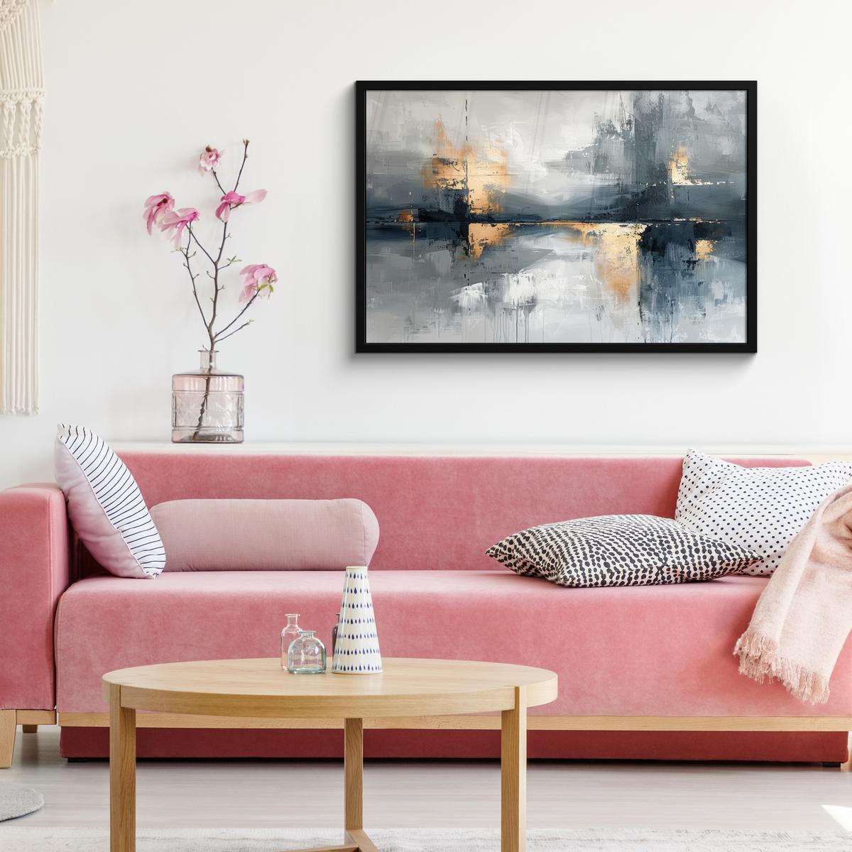 POSTER MIT RAHMENGERAHMTES BILD Kunst - Grau - Gold - Abstrakt 90x60 cm - Dunkelgrau, Papier (90/60cm) - MuchoWow
