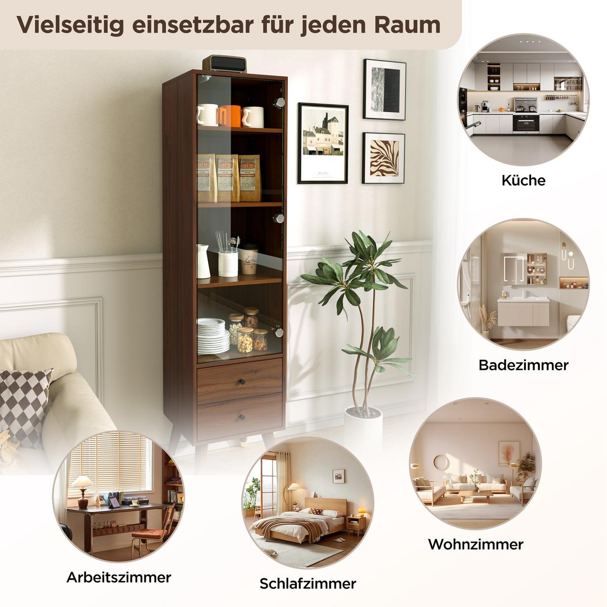 HIGHBOARD Nussbaumholz-Optik mit Glastür, 2 Schubladen & verstellbaren Regalen - Walnussfarben, Holzwerkstoff (39.8/160/35cm) - Urban Meuble
