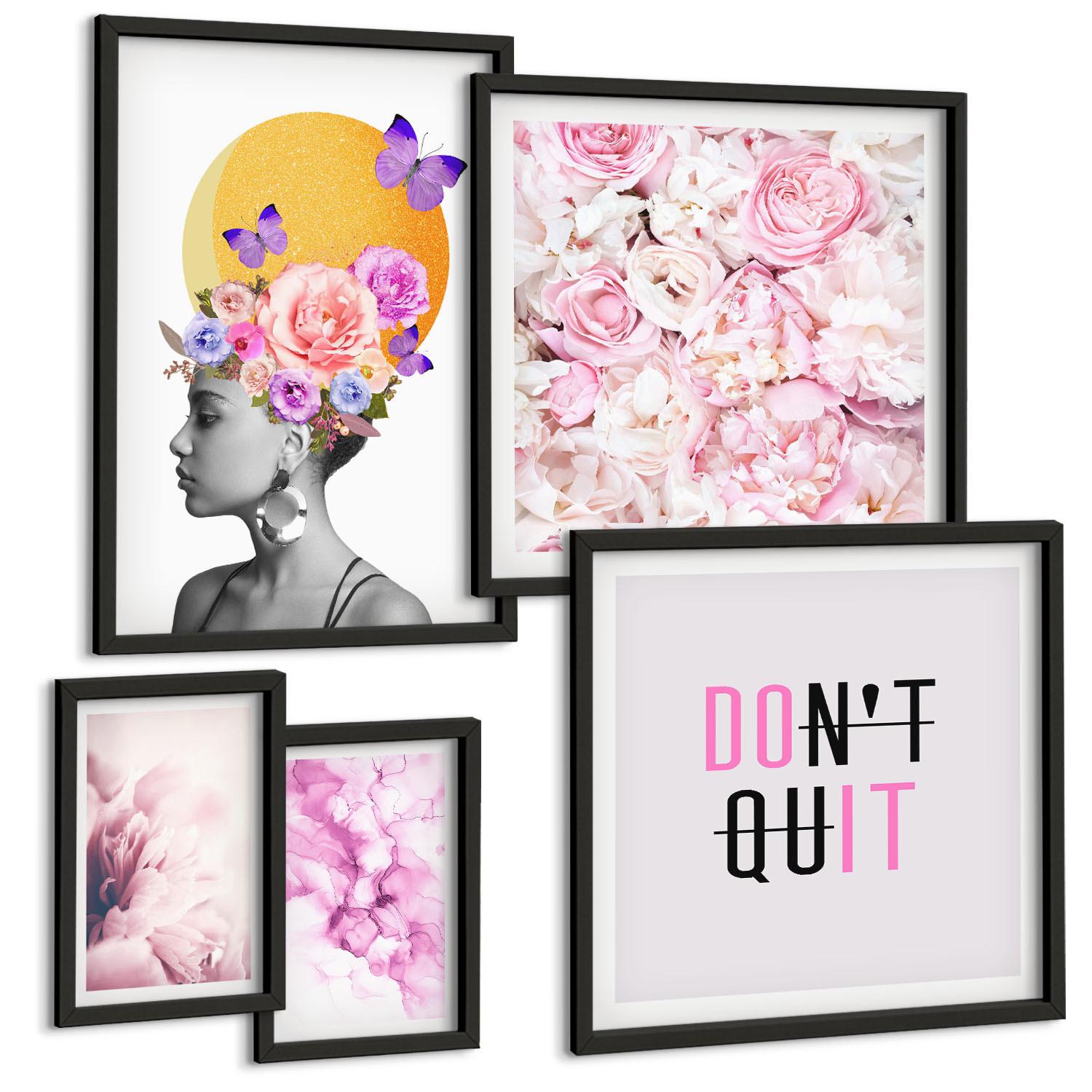 BILDER SET 5er Set - 50x50 cm & 20x30 cm & 40x60 cm Schwarzer Rahmen - Abstraktes Blumenporträt einer Frau - Schwarz, Kunststoff (40/60cm) - TULUP