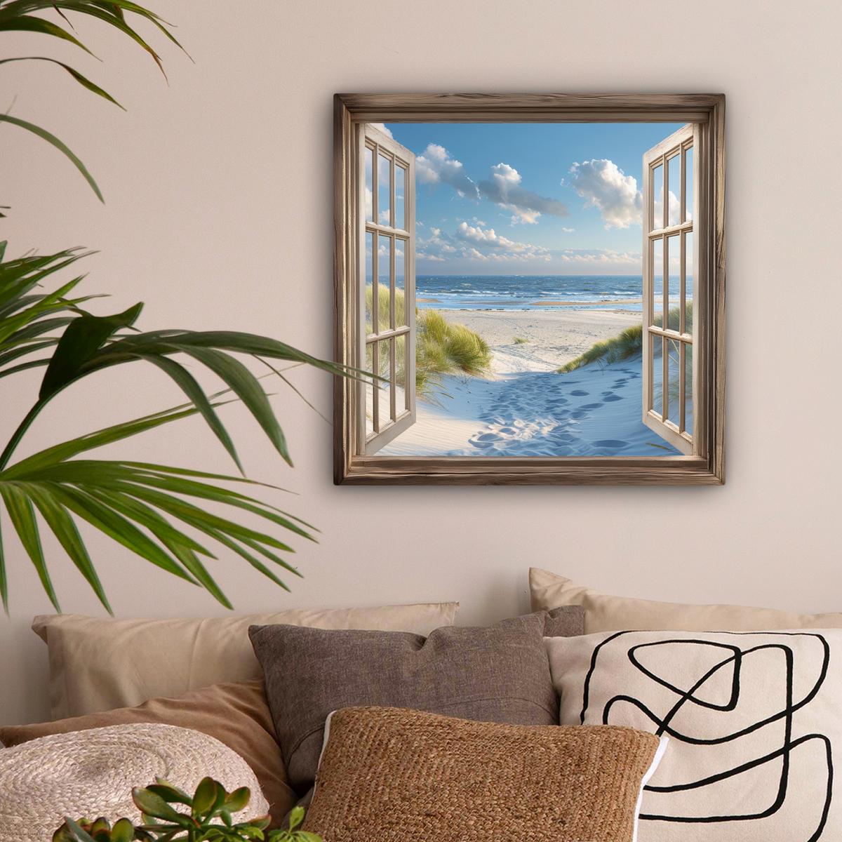 LEINWANDBILD Aussicht - Strand - Fenster - Dünen - Meer Wandbild Wohnzimmer 50x50 cm - Hellblau, Textil (50/50cm) - MuchoWow