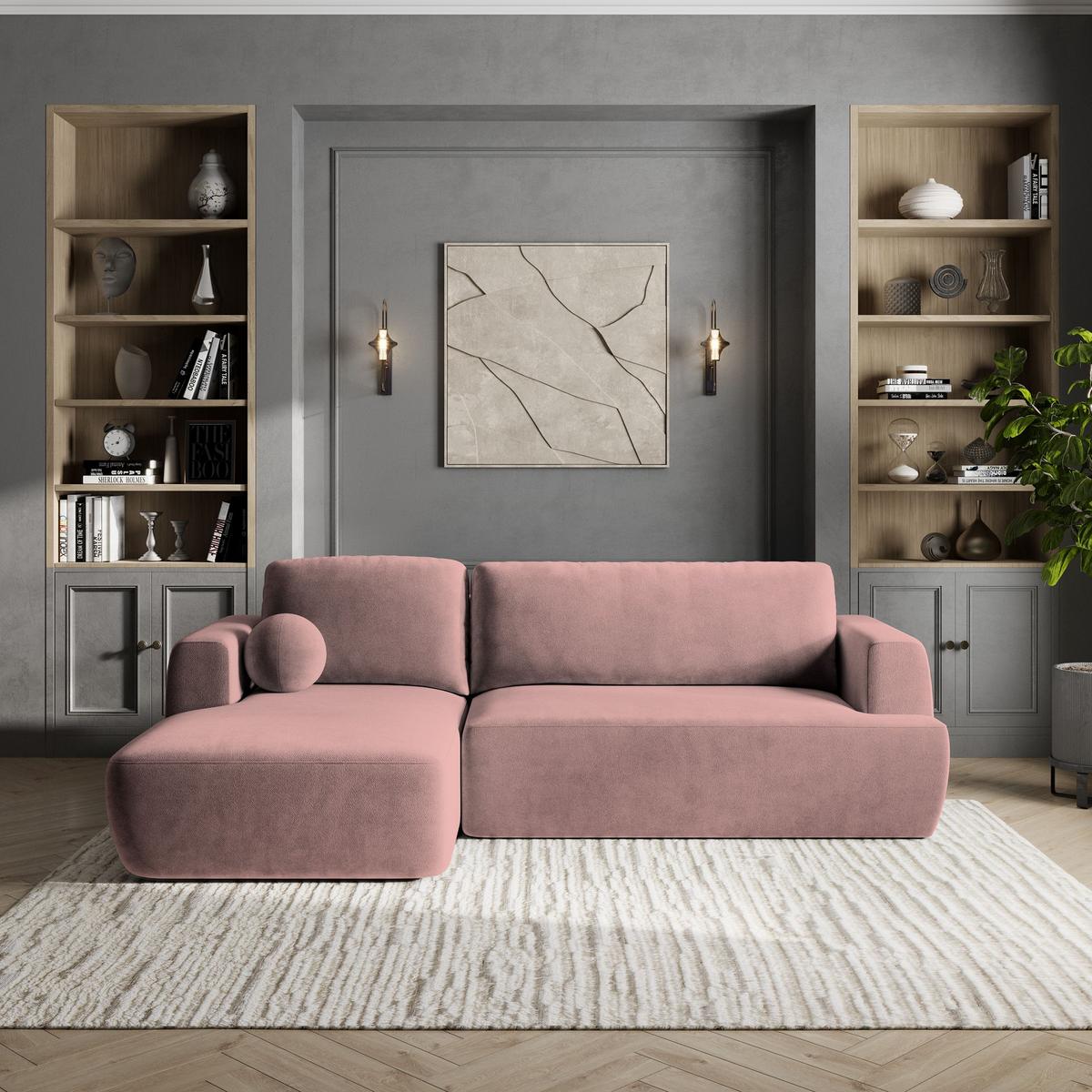 ECKSOFA SENTI K L-S Rosa Plüsch-Stoff mit Schlaffunktion - Schwarz/Rosa, Holz/Kunststoff (246/148cm) - MASSENO