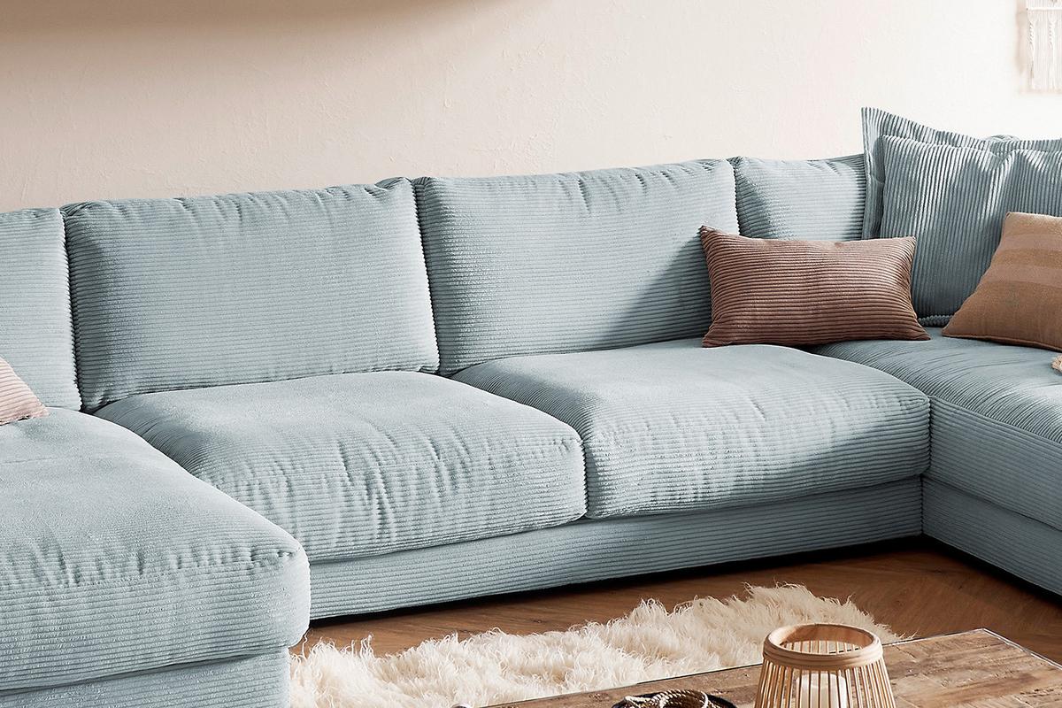 WOHNLANDSCHAFT MADELINE Hellblau Cord - Schwarz/Hellblau, Kunststoff/Textil (425/86/224cm) - KAWOLA