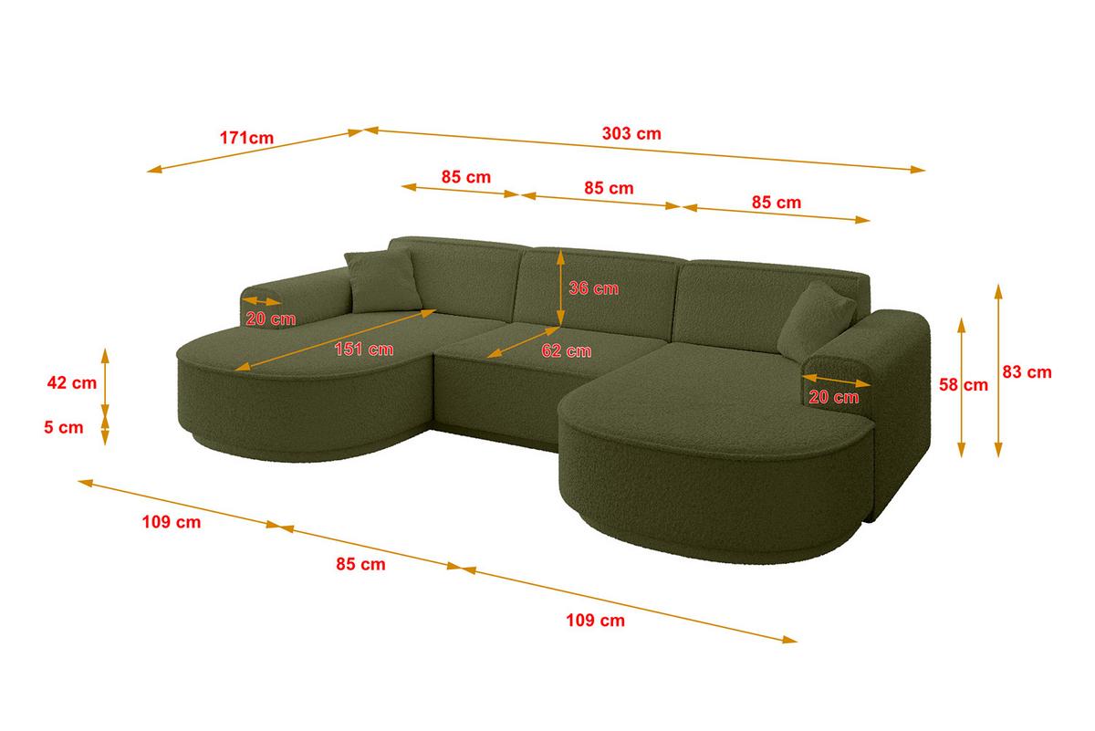 WOHNLANDSCHAFT MARI-U1-v3 - 303x171x83 cm Grün Bouclé - Schwarz/Grün, Holzwerkstoff/Kunststoff (303/83/171cm) - ALTDECOR
