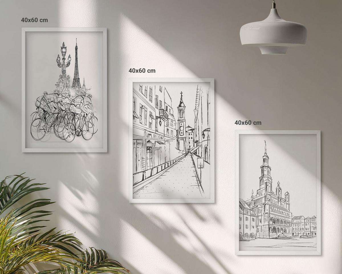 BILDER SET 3er Set - 40x60 cm Weißer Rahmen - Einfache Zeichnungen von Stadtlandschaften - Weiß, Kunststoff (40/60cm) - TULUP