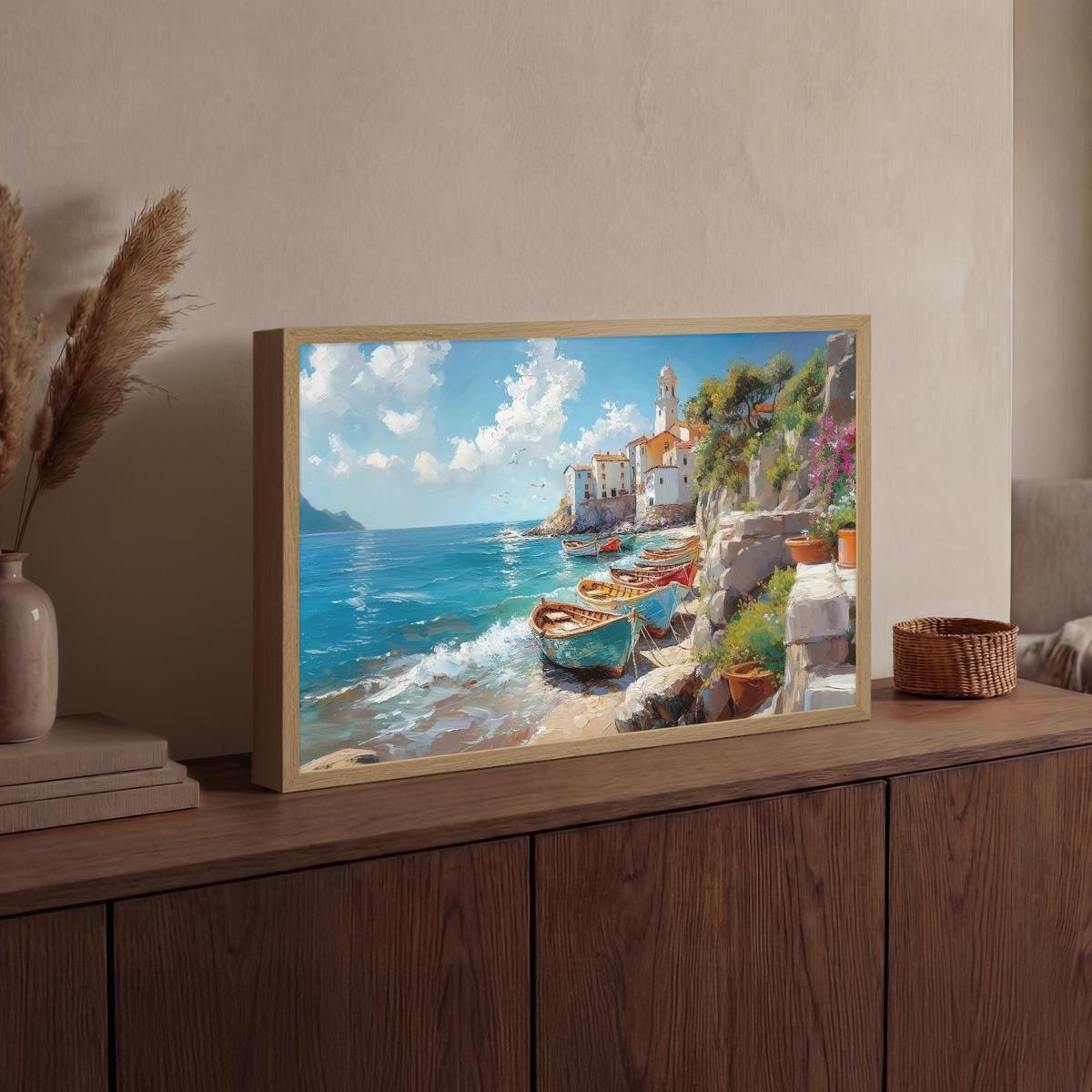 WANDLEUCHTE MIT AKKU Boote - Felsen - Meer - Sonne 60x40 cm - Blau, Holzwerkstoff (60/40/8cm) - OnlyWow