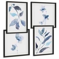 BILDER SET 4er Set - 50x50 cm & 40x60 cm Schwarzer Rahmen - Aquarell von blauen Blättern - Schwarz, Kunststoff (50/50cm) - TULUP
