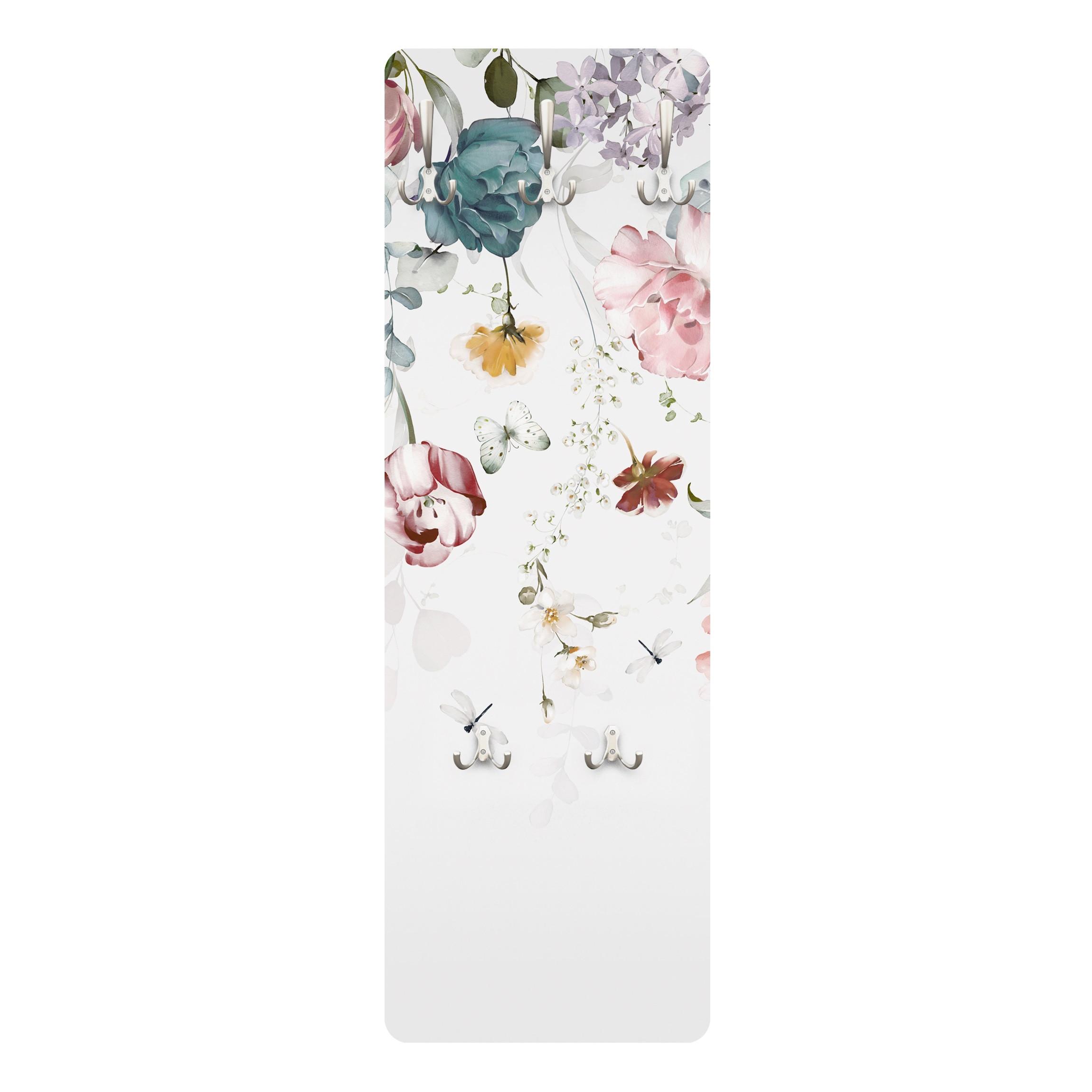 WANDGARDEROBE - Rankende Blumen mit Schmetterlingen Aquarell 34/105 cm - Pastellblau, Holzwerkstoff (34/105/1.6cm) - Bilderwelten