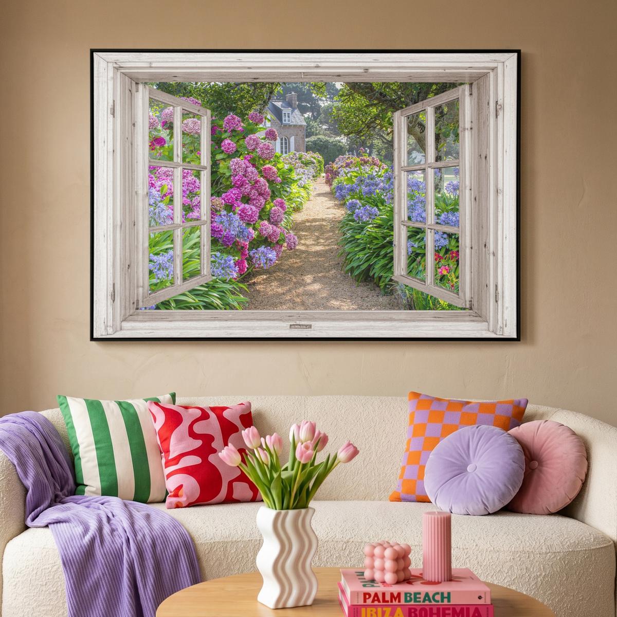 LEINWAND Bilder mit Rahmen - Hortensie - Durchsichtig - Blumen - Sommer - Lila - Weg - 120x80 - Lila, Textil (120/80cm) - MuchoWow