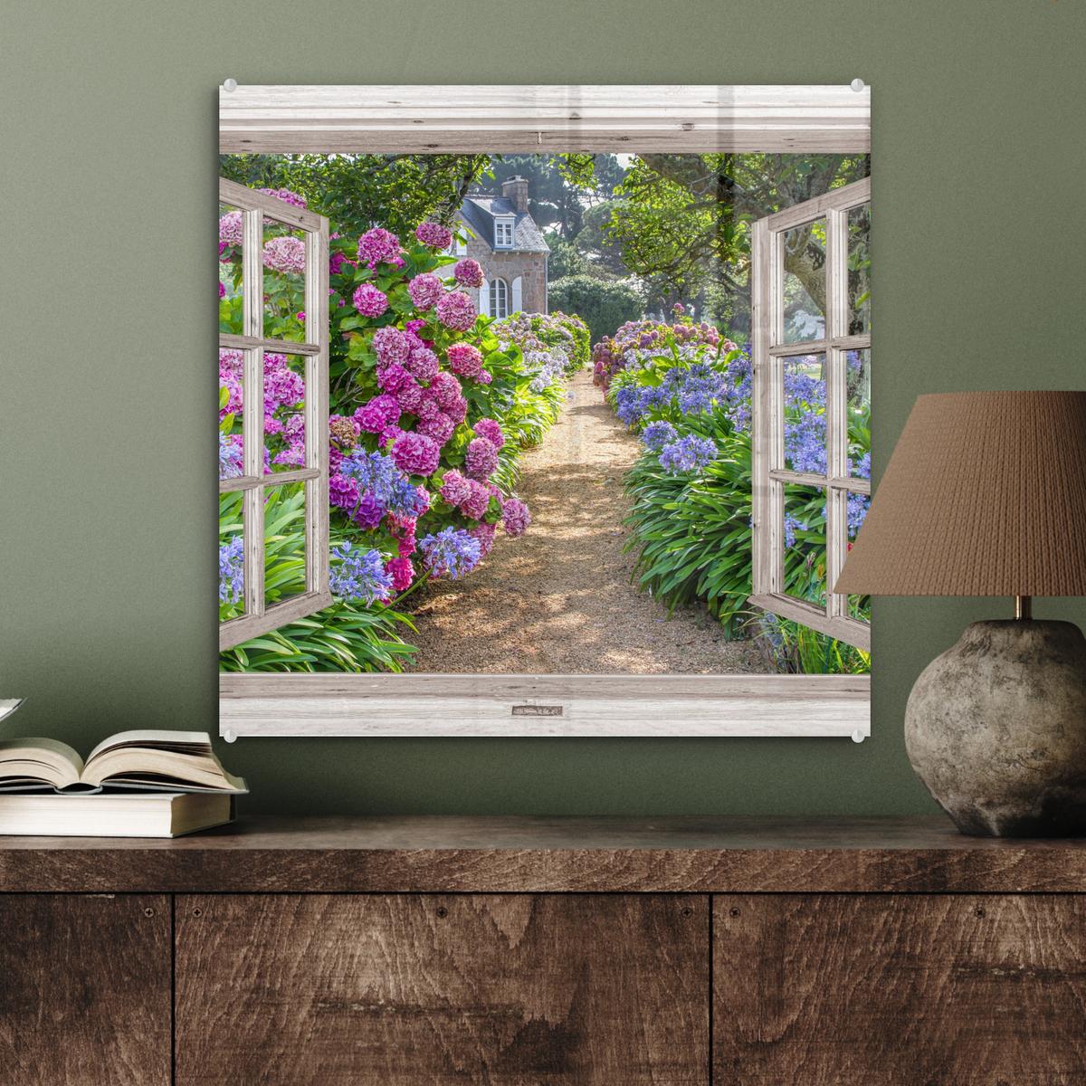 ACRYLGLASBILD Hortensie - Durchsichtig - Blumen - Sommer - Lila - Weg 50x50 cm - Lila, Glas (50/50cm) - MuchoWow