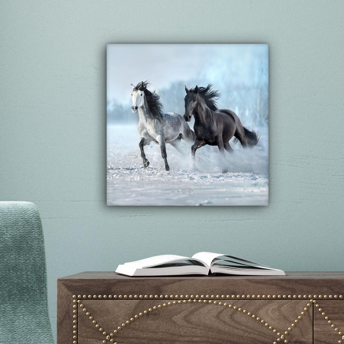 LEINWANDBILD Pferde - Winter - Tiere - Natur - Schnee Deko Wohnzimmer 20x20 cm - Anthrazit, Textil (20/20cm) - MuchoWow