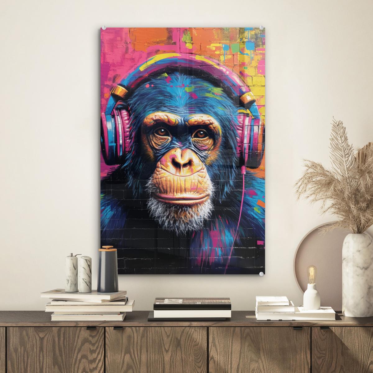 ACRYLGLASBILD Graffiti - Schimpanse - Straßenkunst - Kopfhörer - Affe Wanddeko Wohnzimmer 40x60 cm - Blau, Glas (40/60cm) - MuchoWow
